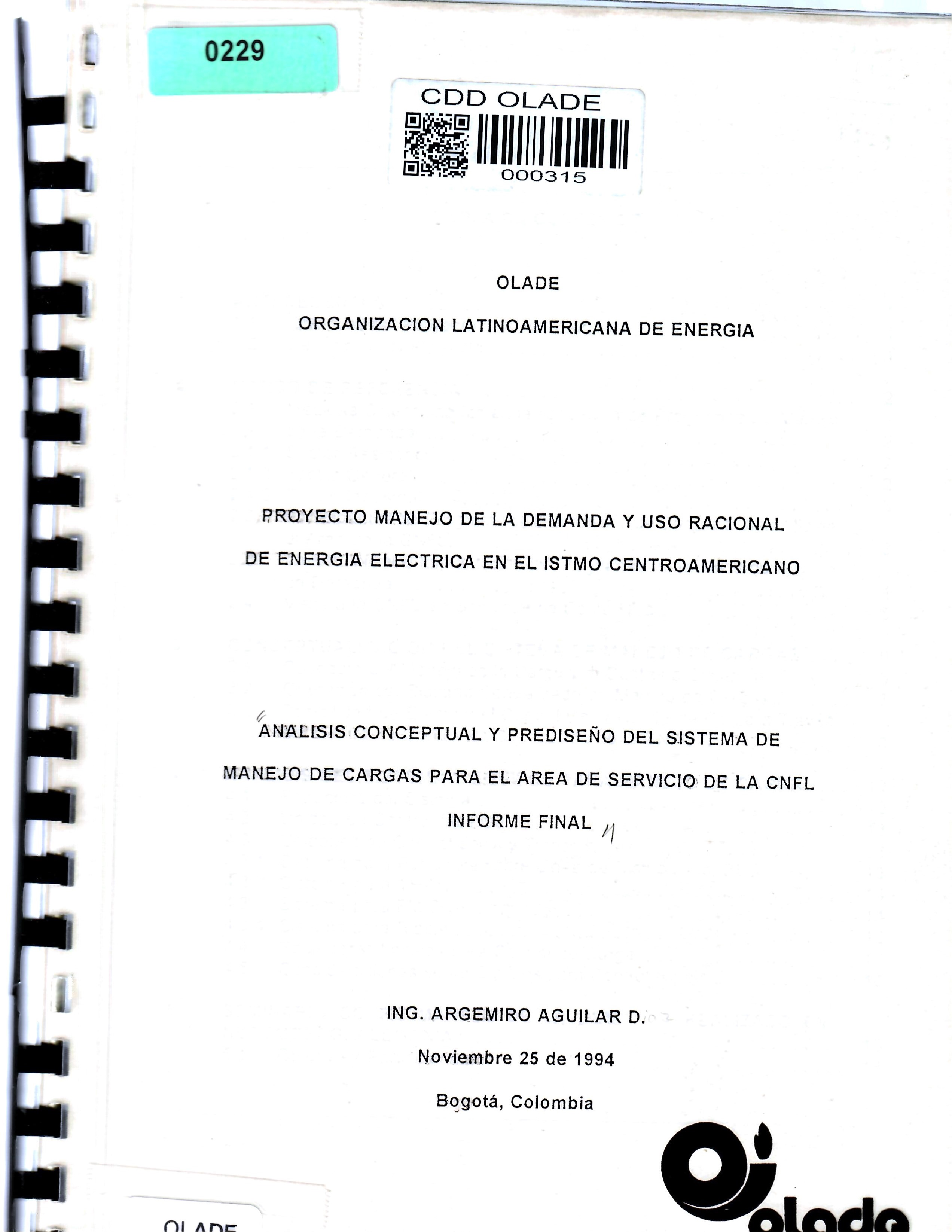 ANALISIS CONCEPTUAL Y PREDISEÑO DEL SISTEMA DE MANEJO DE CARGAS PARA EL AREA DE SERVICIO DE LA CNFL INFORME FINAL