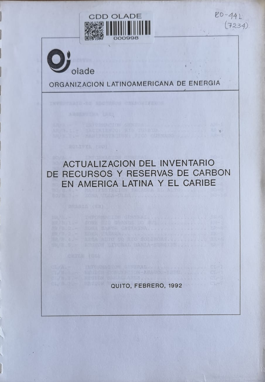 ACTUALIZACION DEL INVENTARIO DE RECURSOS Y RESERVAS DE CARBON EN AMERICA LATINA Y EL CARIBE