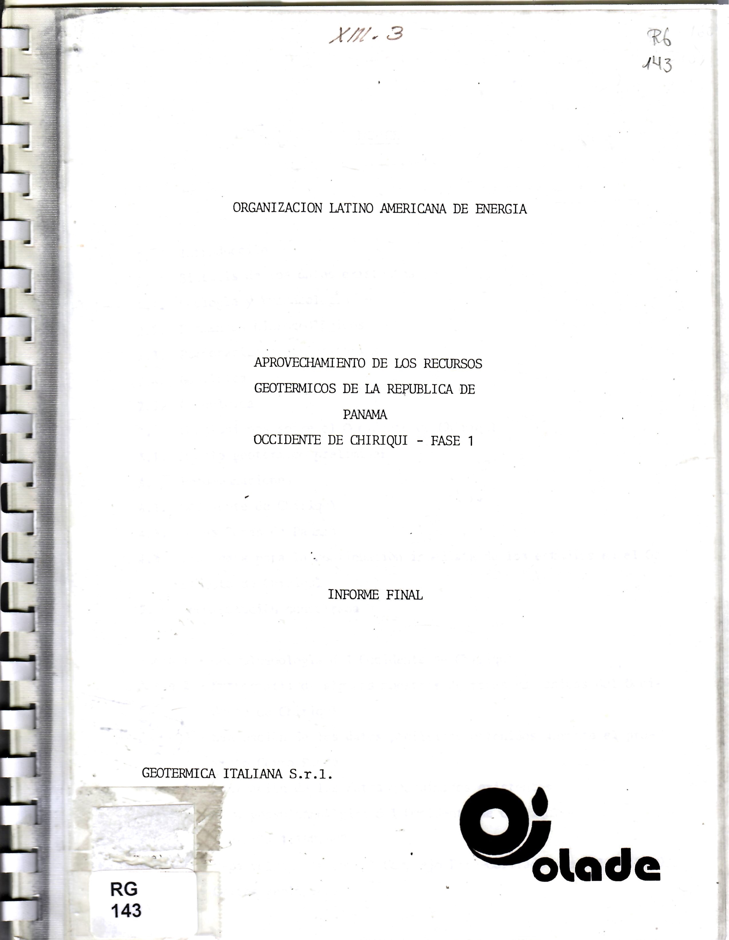 APROVECHAMIENTO DE LOS RECURSOS GEOTERMICOS DE LA REPUBLICA DE PANAMA OCCIDENTE DE CHIRIQUI - FASE 1
