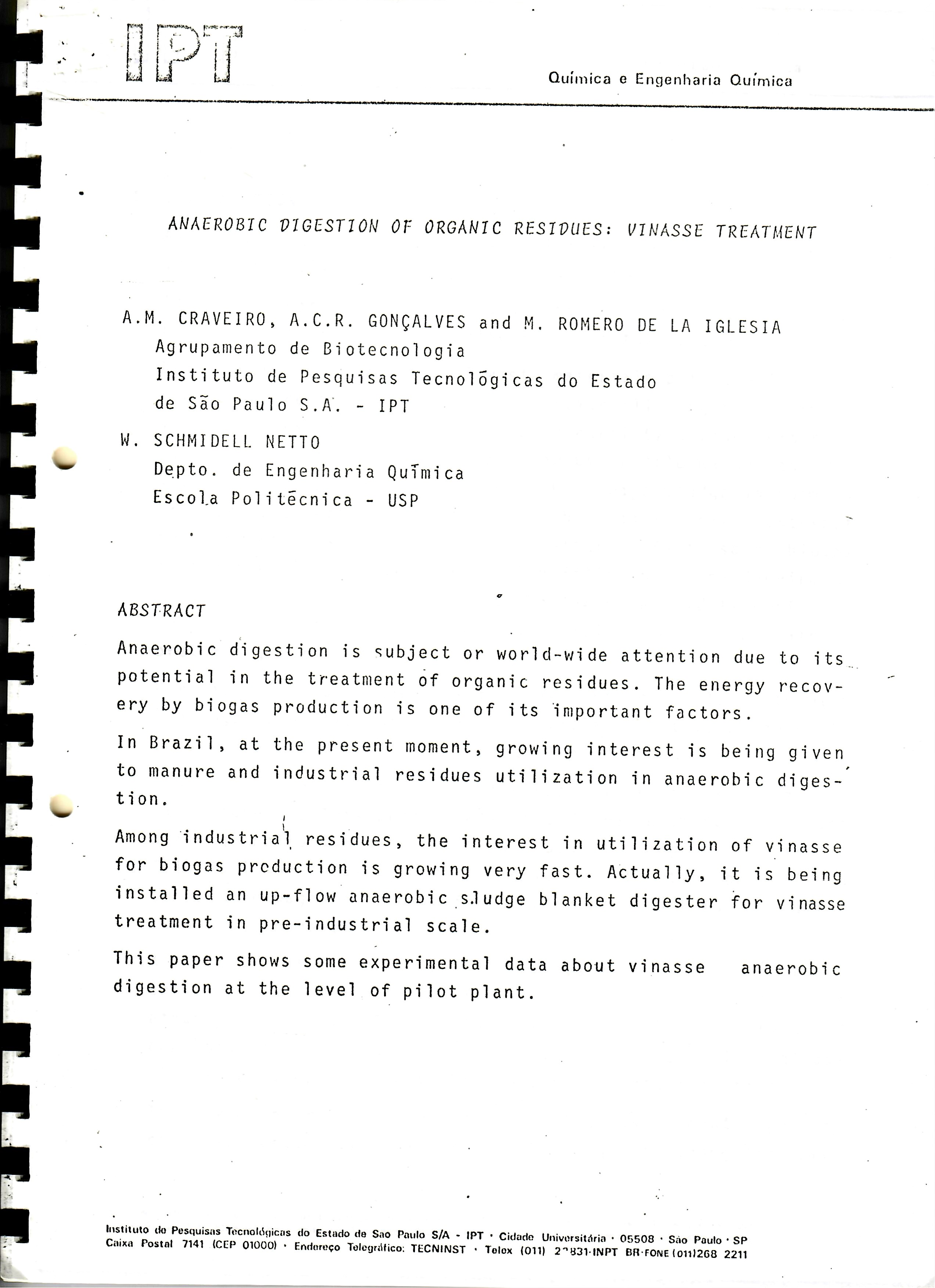 ANAEROBIC DIGESTION OF ORGANIC RESIDUES: VINASSE TREATMENT