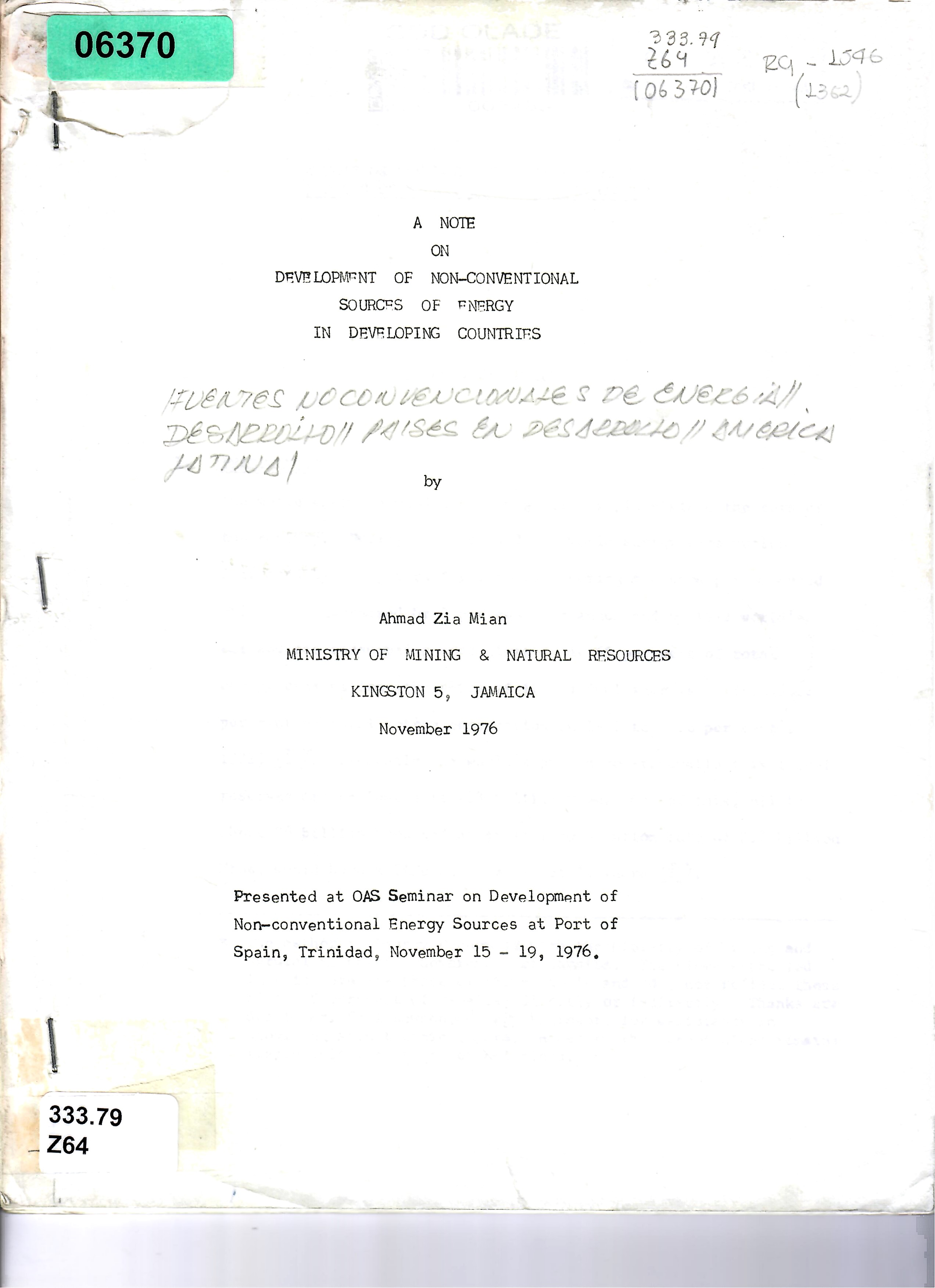 A NOTE ON DEVE LOPMENT OF NON-CONVENTIONAL SOURCES OF FNERGY IN DEVELOPING COUNTRIFS