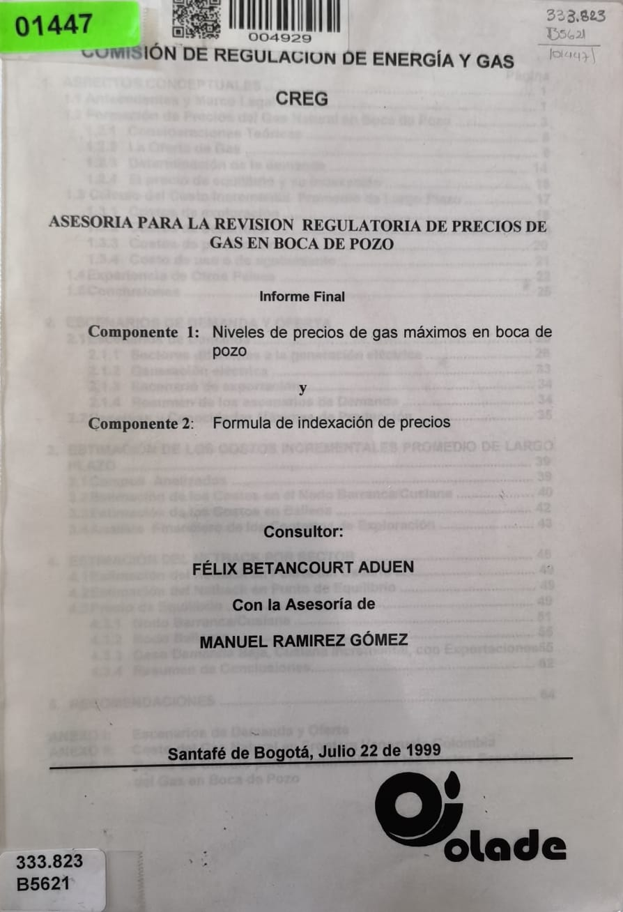 ASESORIA PARA LA REVISION REGULATORIA DE PRECIOS DE GAS EN BOCA DE POZO