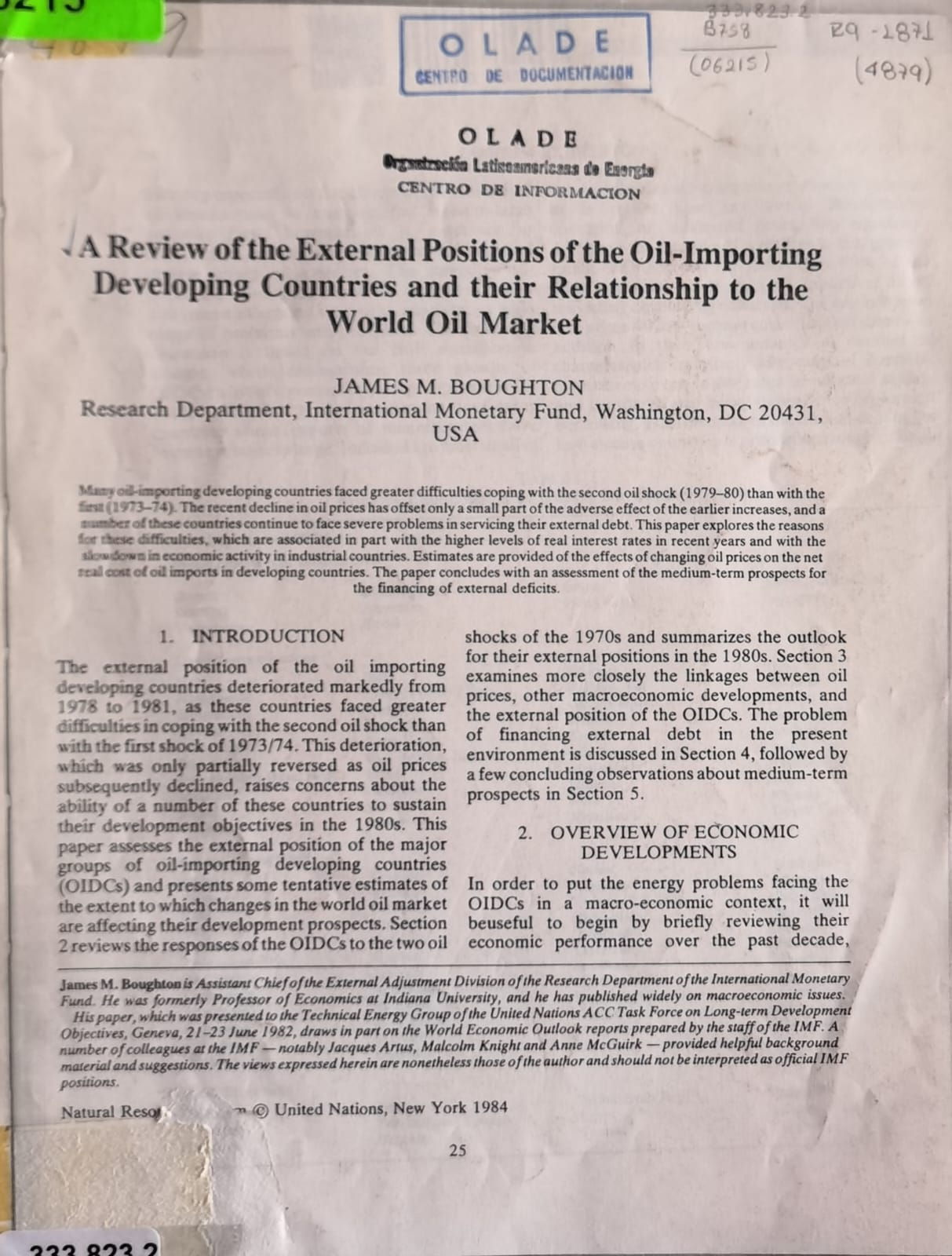 A Review of the External Positions of the Oil-Importing Developing Countries and their Relationship to the World Oil Market