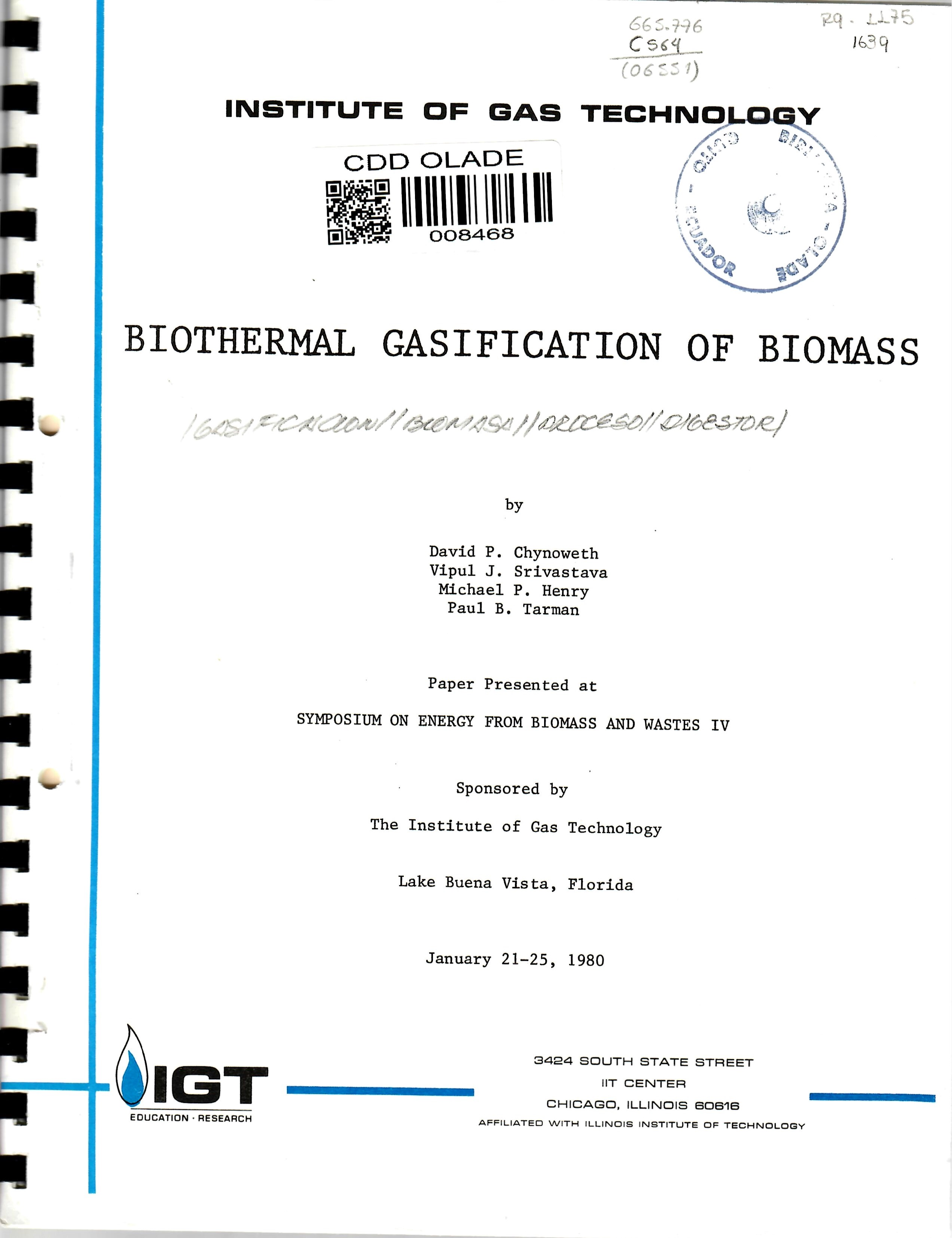 BIOTHERMAL GASIFICATION OF BIOMASS