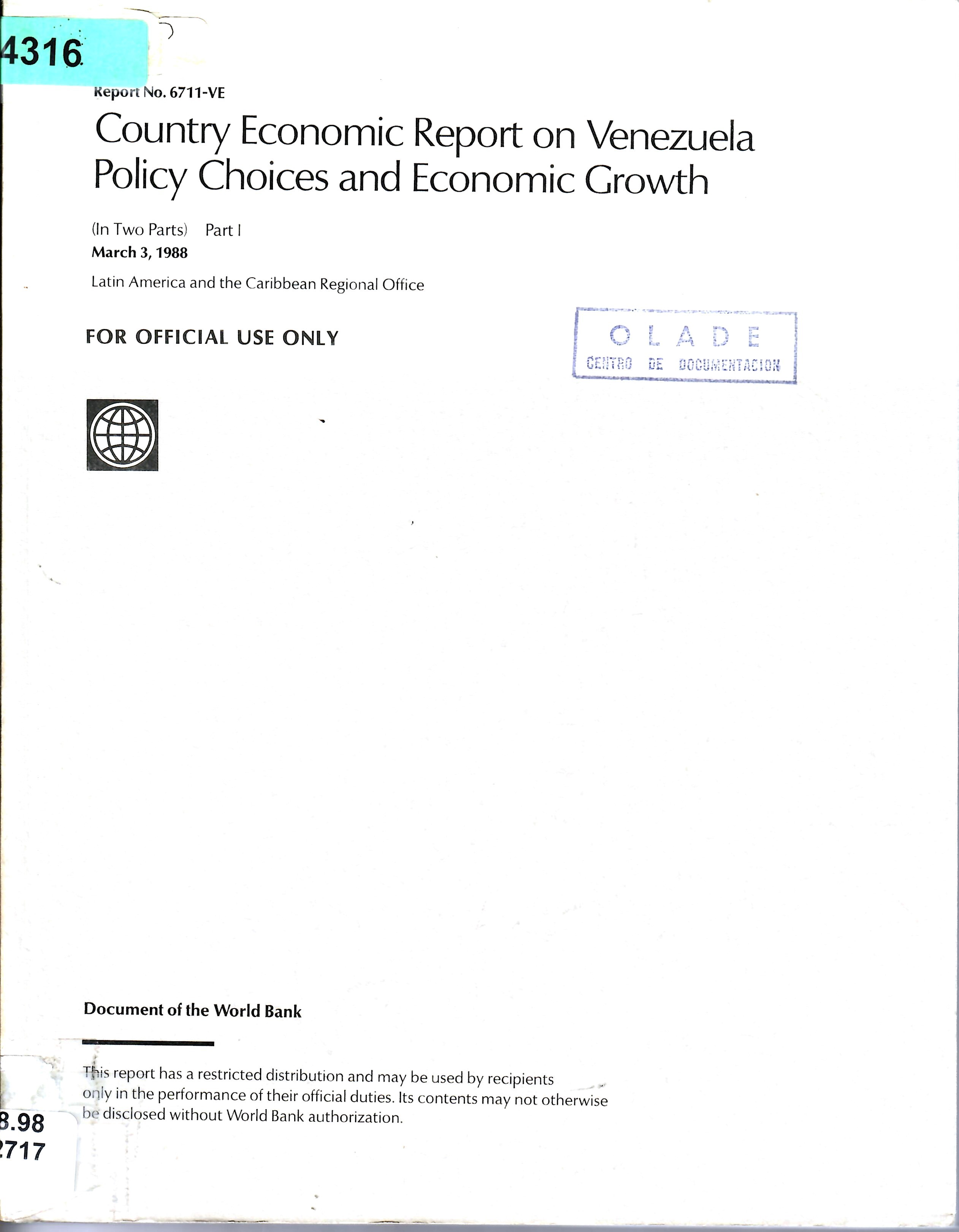 Country Economic Report on Venezuela Policy Choices and Economic Growth
