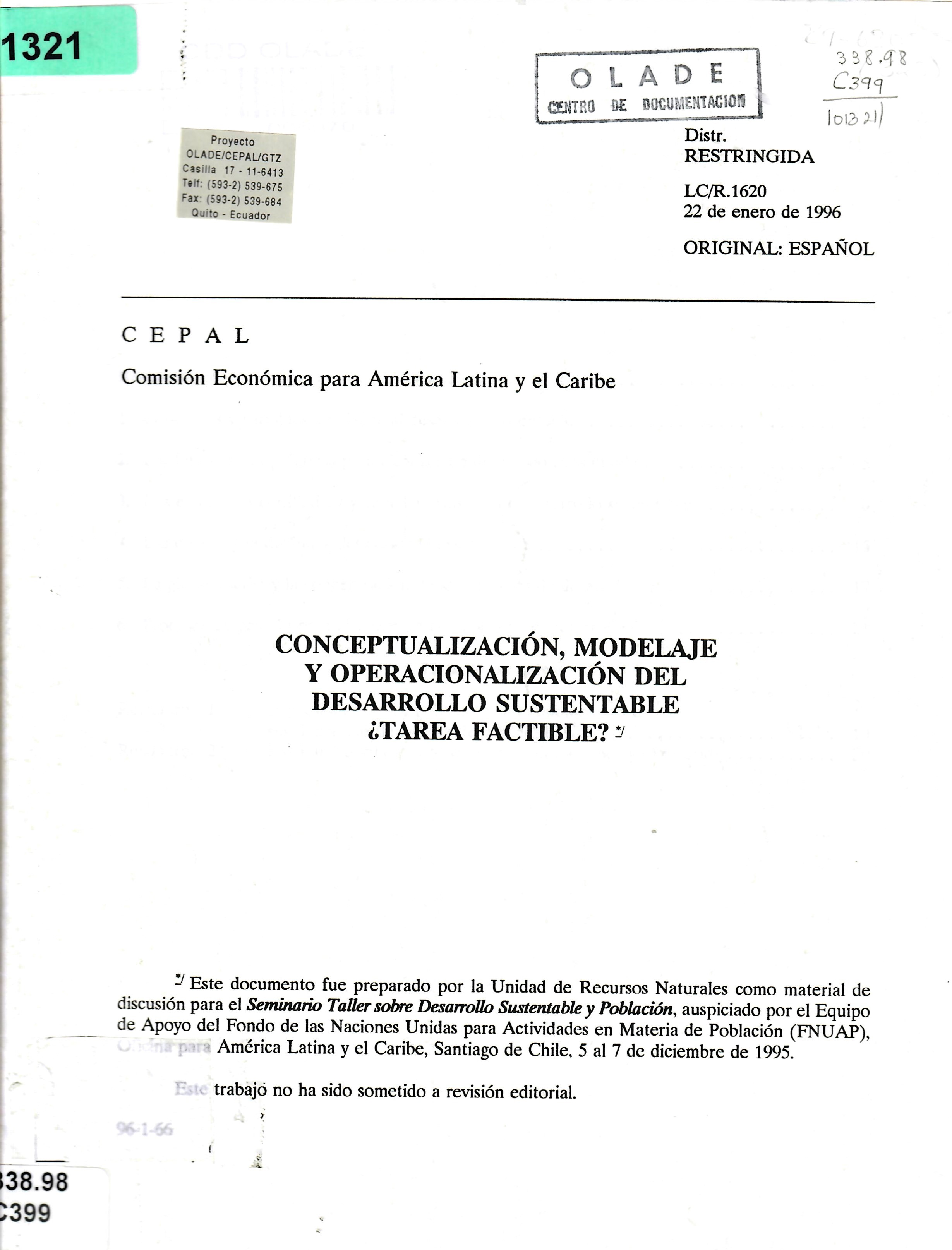 CONCEPTUALIZACIÓN, MODELAJE Y OPERACIONALIZACIÓN DEL DESARROLLO SUSTENTABLE ¿TAREA FACTIBLE?