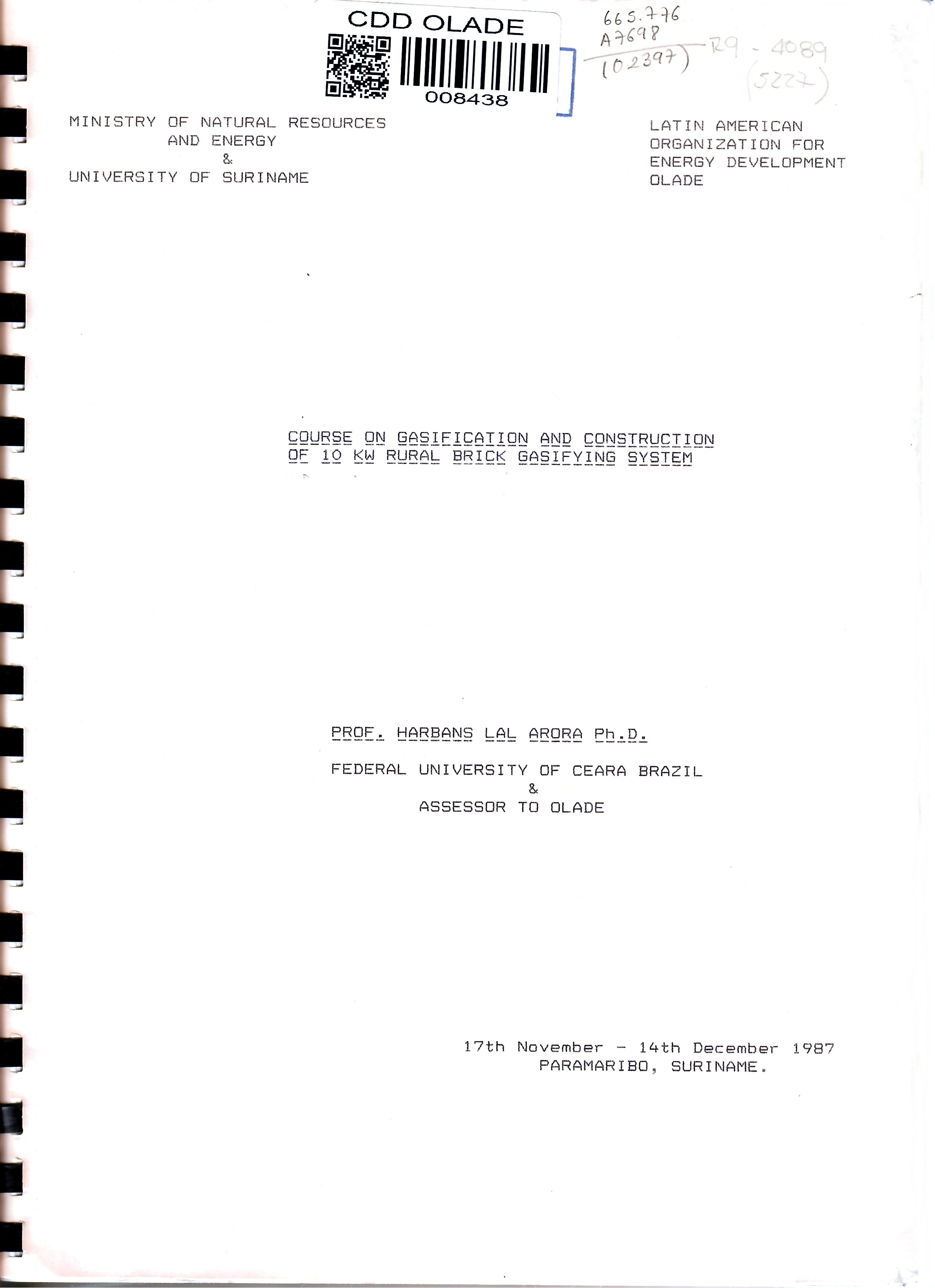 COURSE ON GASIEICATION AND CONSTRUCTION OF 10 KW RURAL BRICK GASIFYING SYSTEM