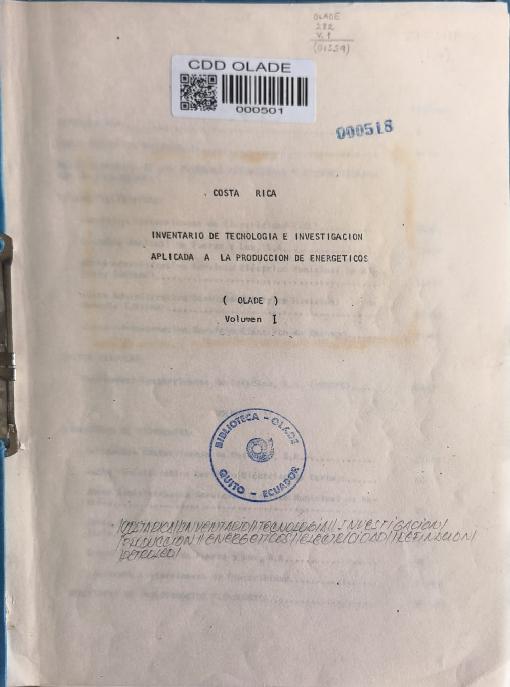 COSTA RICA INVENTARIO DE TECNOLOGIA E INVESTIGACION APLICADA A LA PRODUCCION DE ENERGETICOS