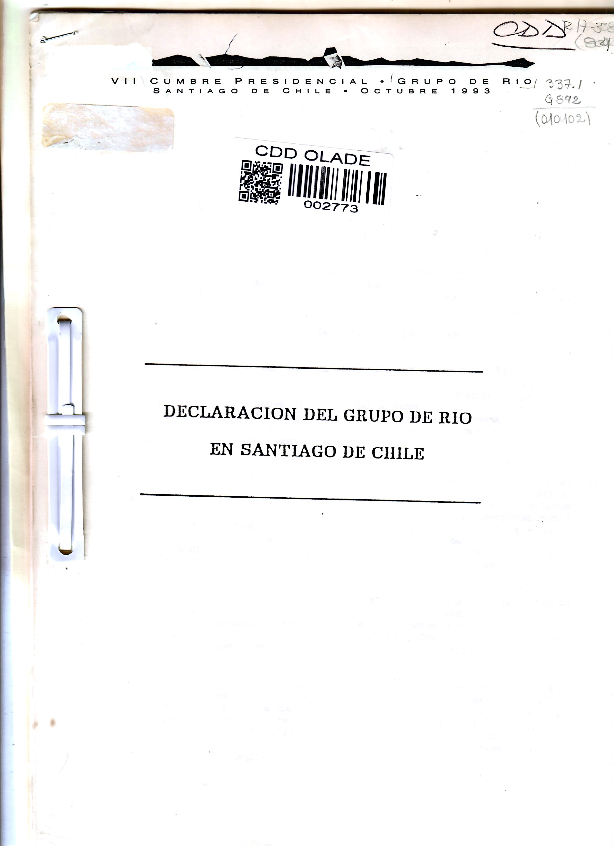 DECLARACION DEL GRUPO DE RIO EN SANTIAGO DE CHILE