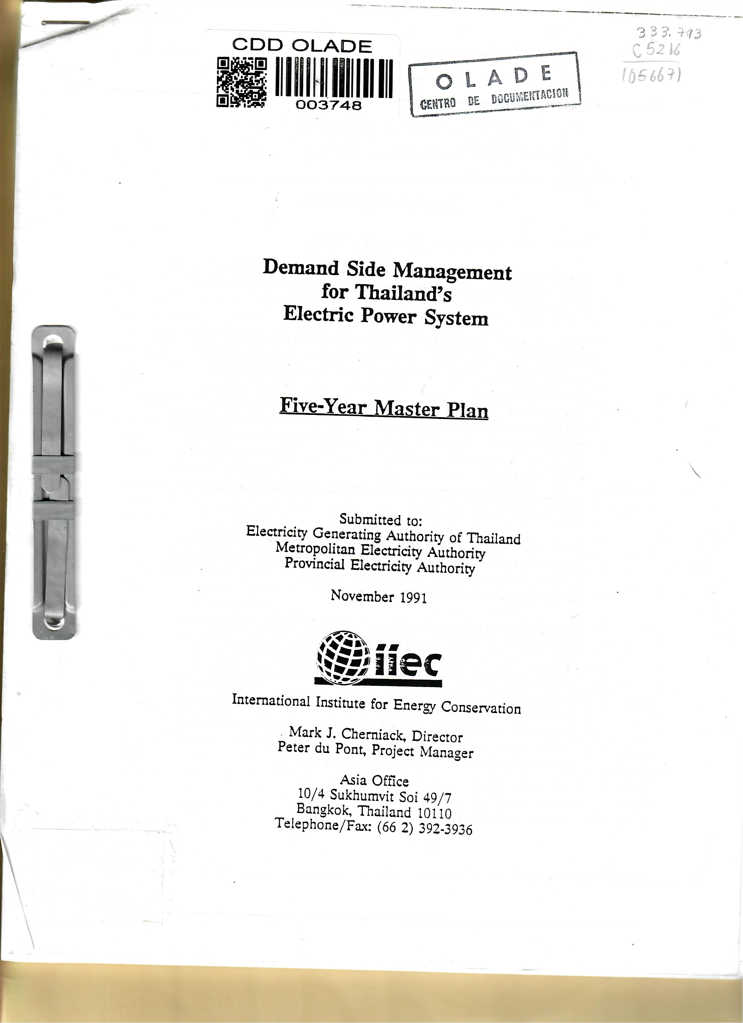 Demand Side Management for Thailand's Electric Power System Five-Year Master Plan