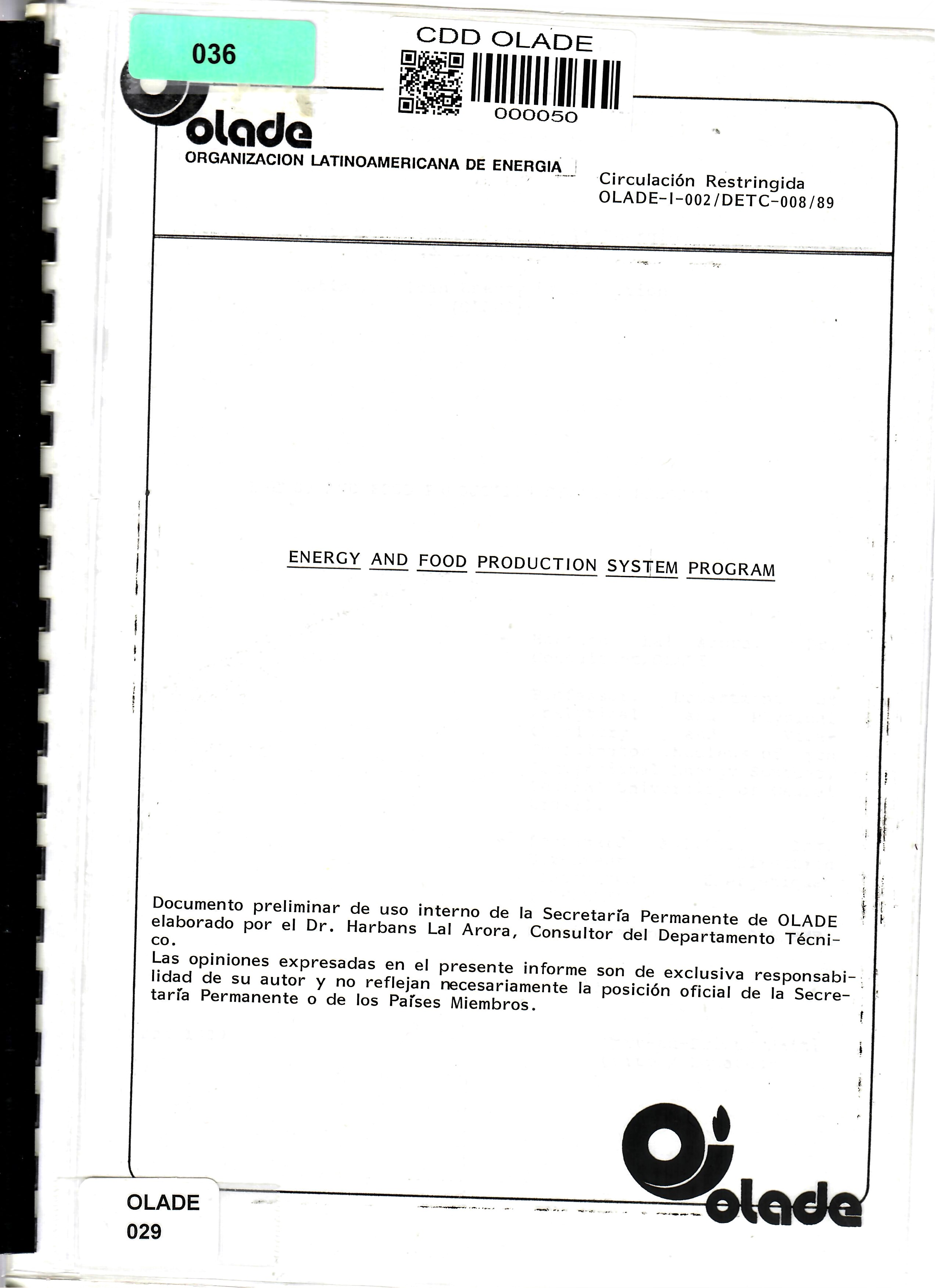 ENERGY AND FOOD PRODUCTION SYSTEM PROGRAM