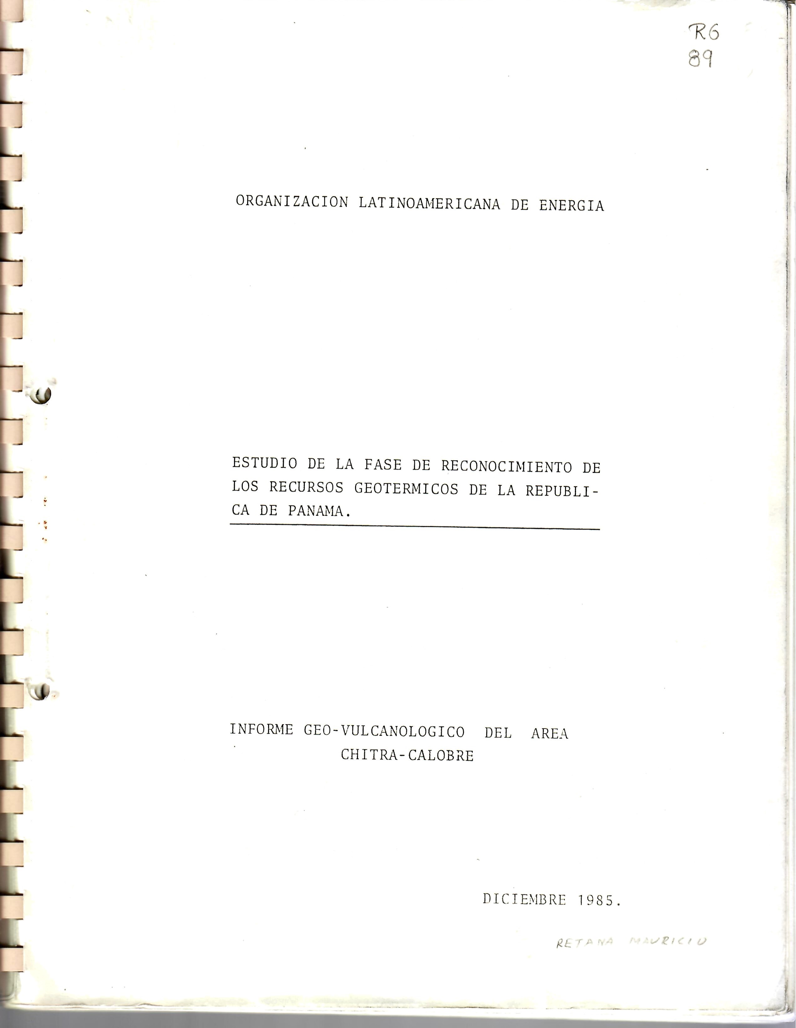 ESTUDIO DE LA FASE DE RECONOCIMIENTO DE LOS RECURSOS GEOTERMICOS DE LA REPUBLICA DE PANAMA.