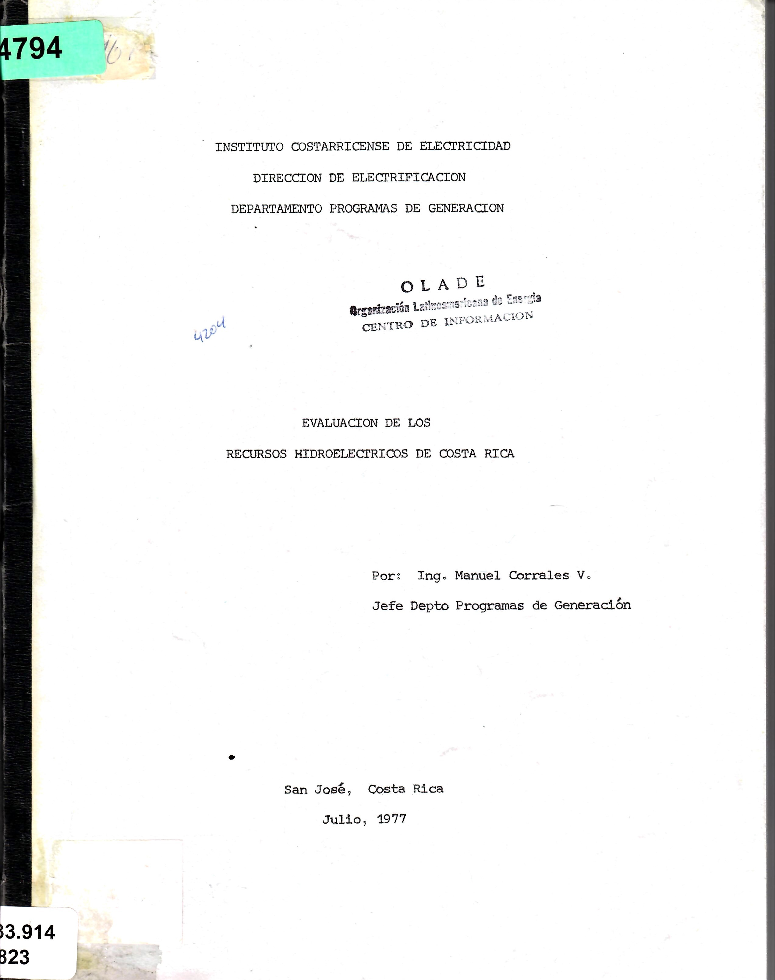 EVALUACION DE LOS RECURSOS HIDROELECTRICOS DE COSTA RICA