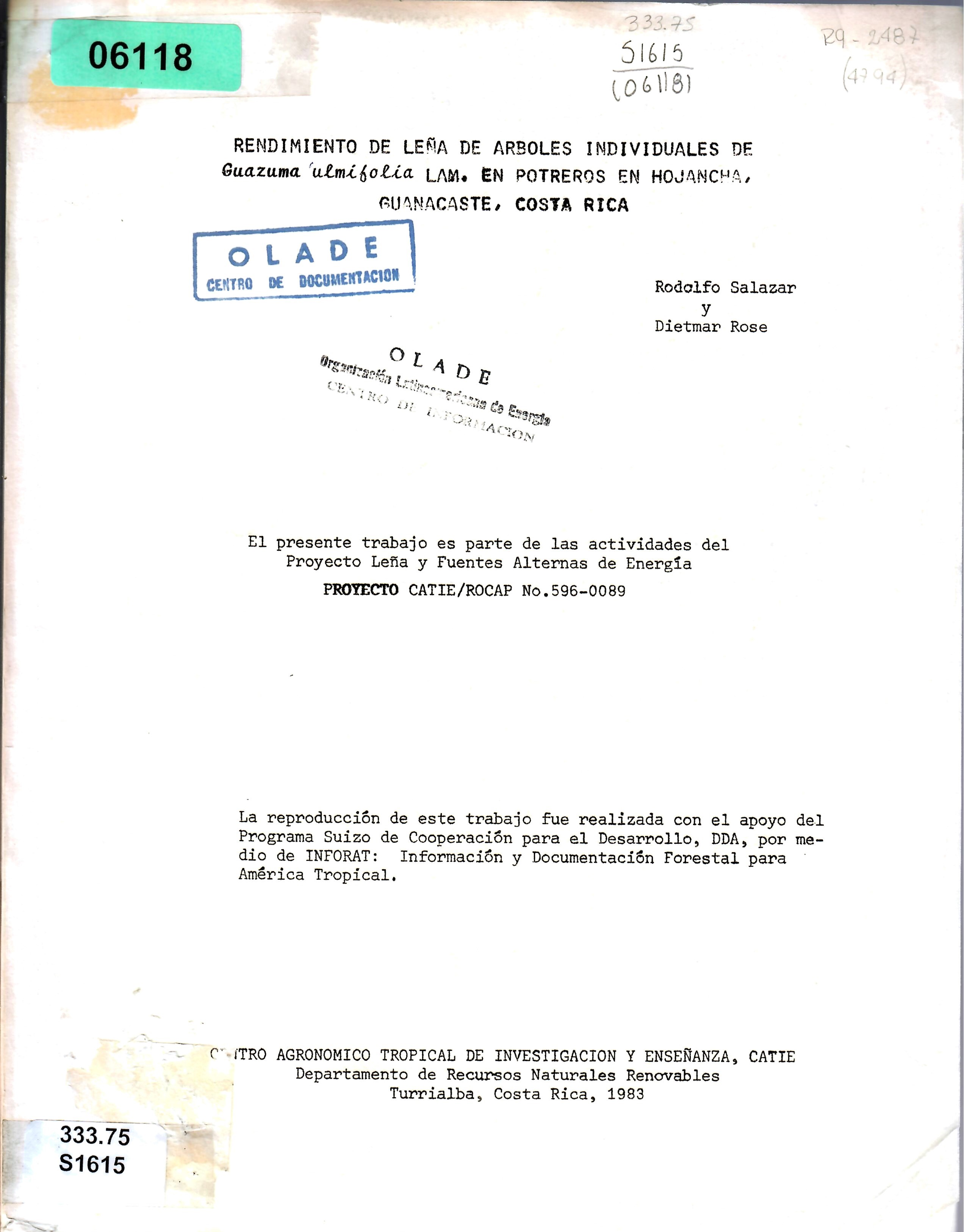 El presente trabajo es parte de las actividades del Proyecto Leña y Fuentes Alternas de Energía PROYECTO CATIE/ROCAP No.596-0089