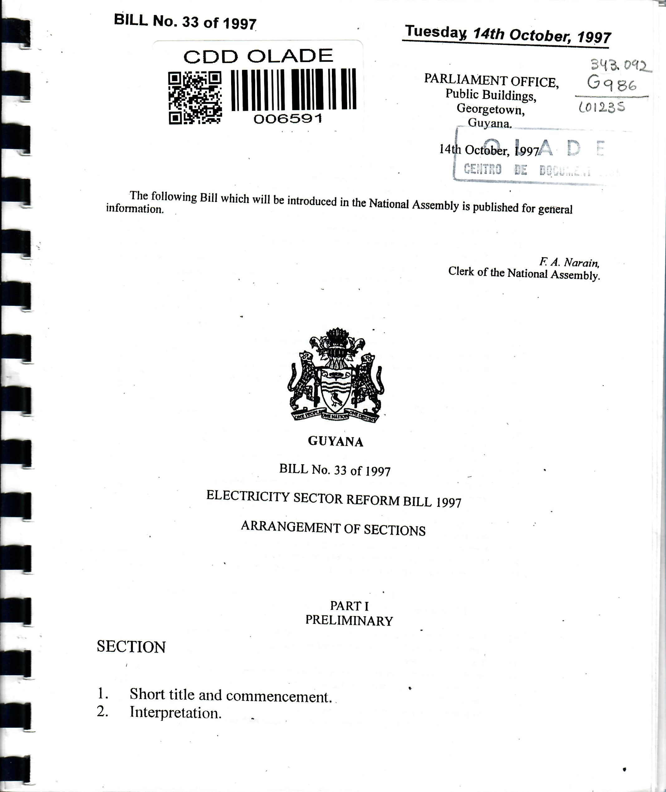 ELECTRICITY SECTOR REFORM BILL 1997 ARRANGEMENT OF SECTIONS PART I