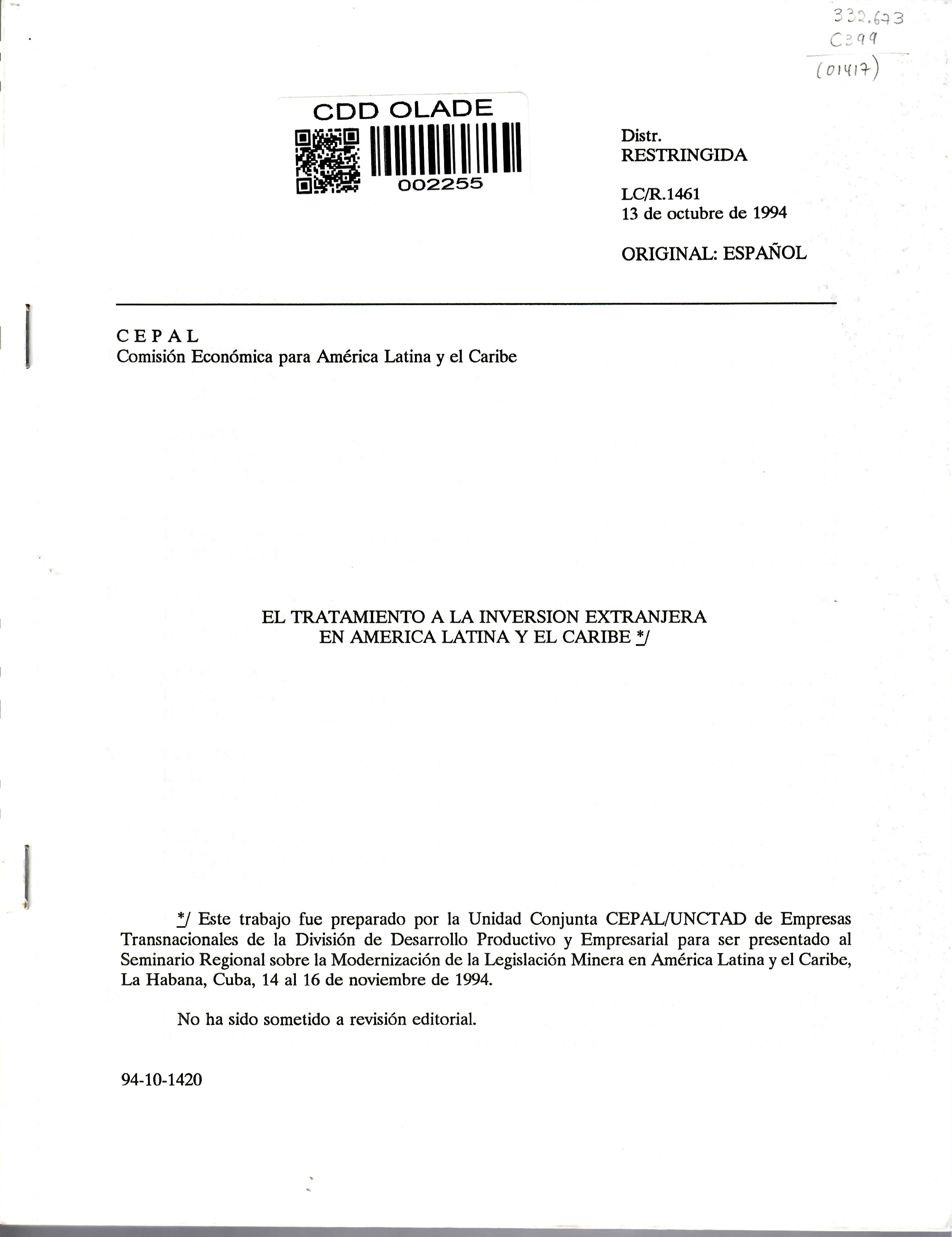 EL TRATAMIENTO A LA INVERSION EXTRANJERA EN AMERICA LATINA Y EL CARIBE