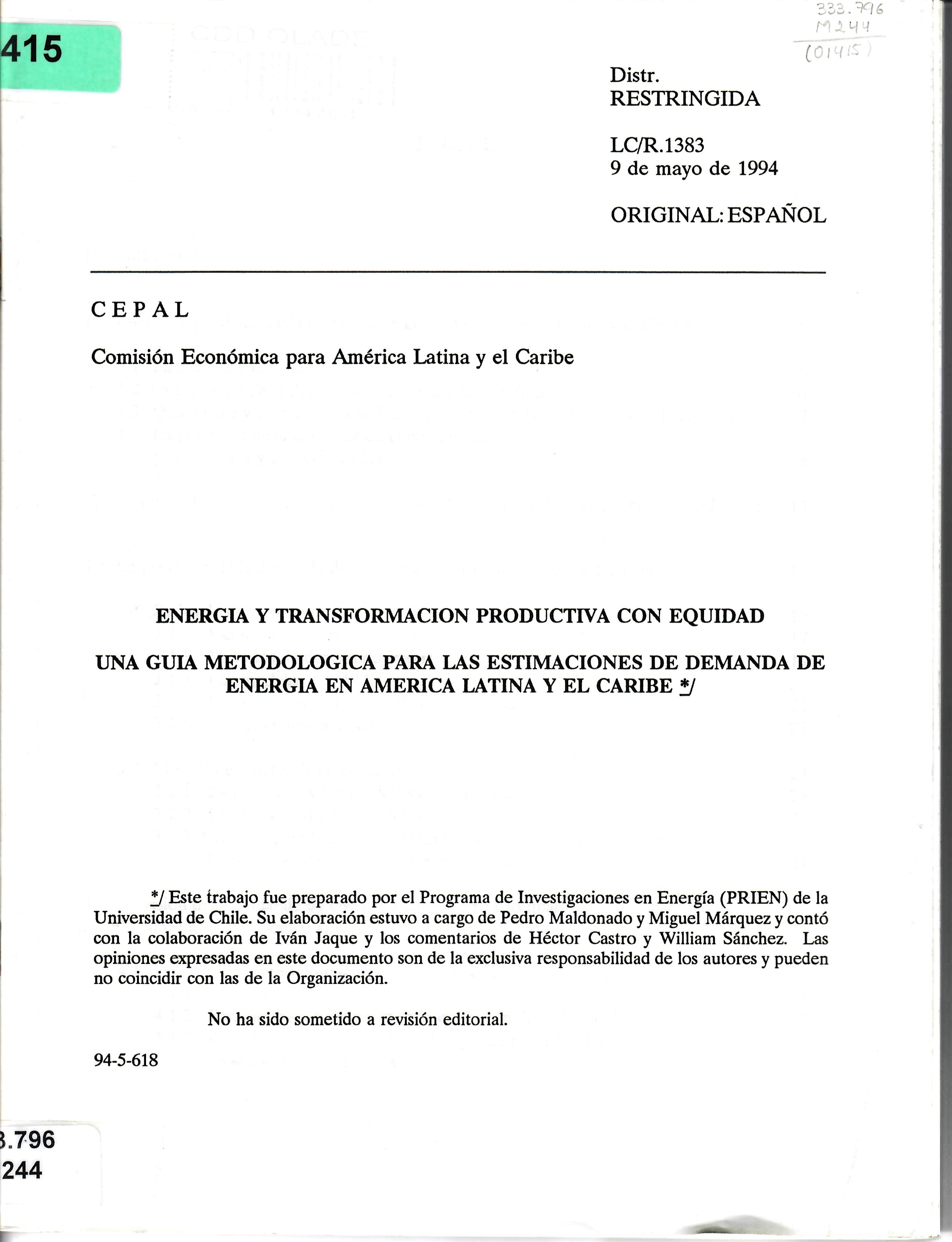ENERGIA Y TRANSFORMACION PRODUCTIVA CON EQUIDAD UNA GUIA METODOLOGICA PARA LAS ESTIMACIONES DE DEMANDA DE ENERGIA EN AMERICA LATINA Y EL CARIBE