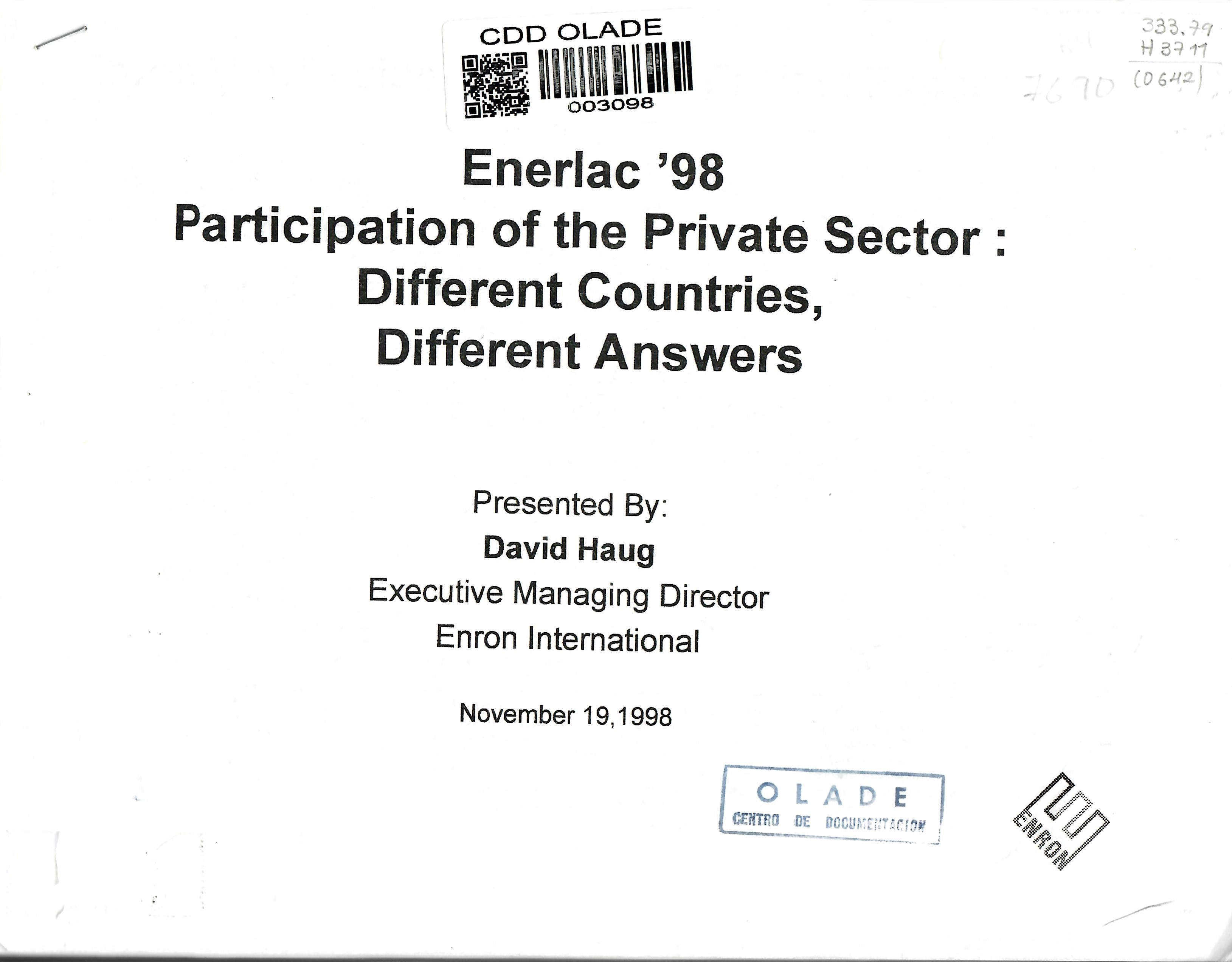 Enerlac '98 Participation of the Private Sector : Different Countries, Different Answers