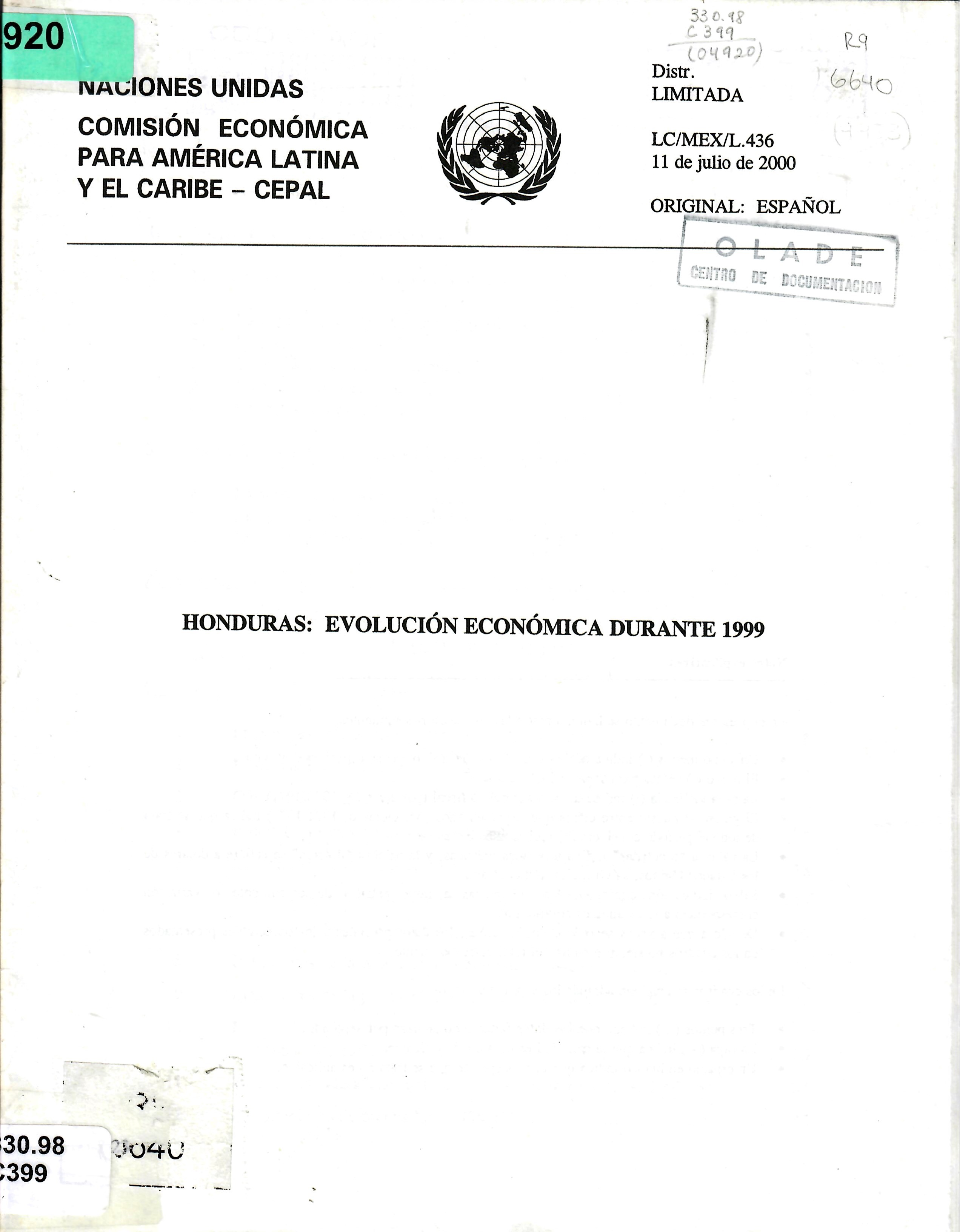 HONDURAS: EVOLUCIÓN ECONÓMICA DURANTE 1999
