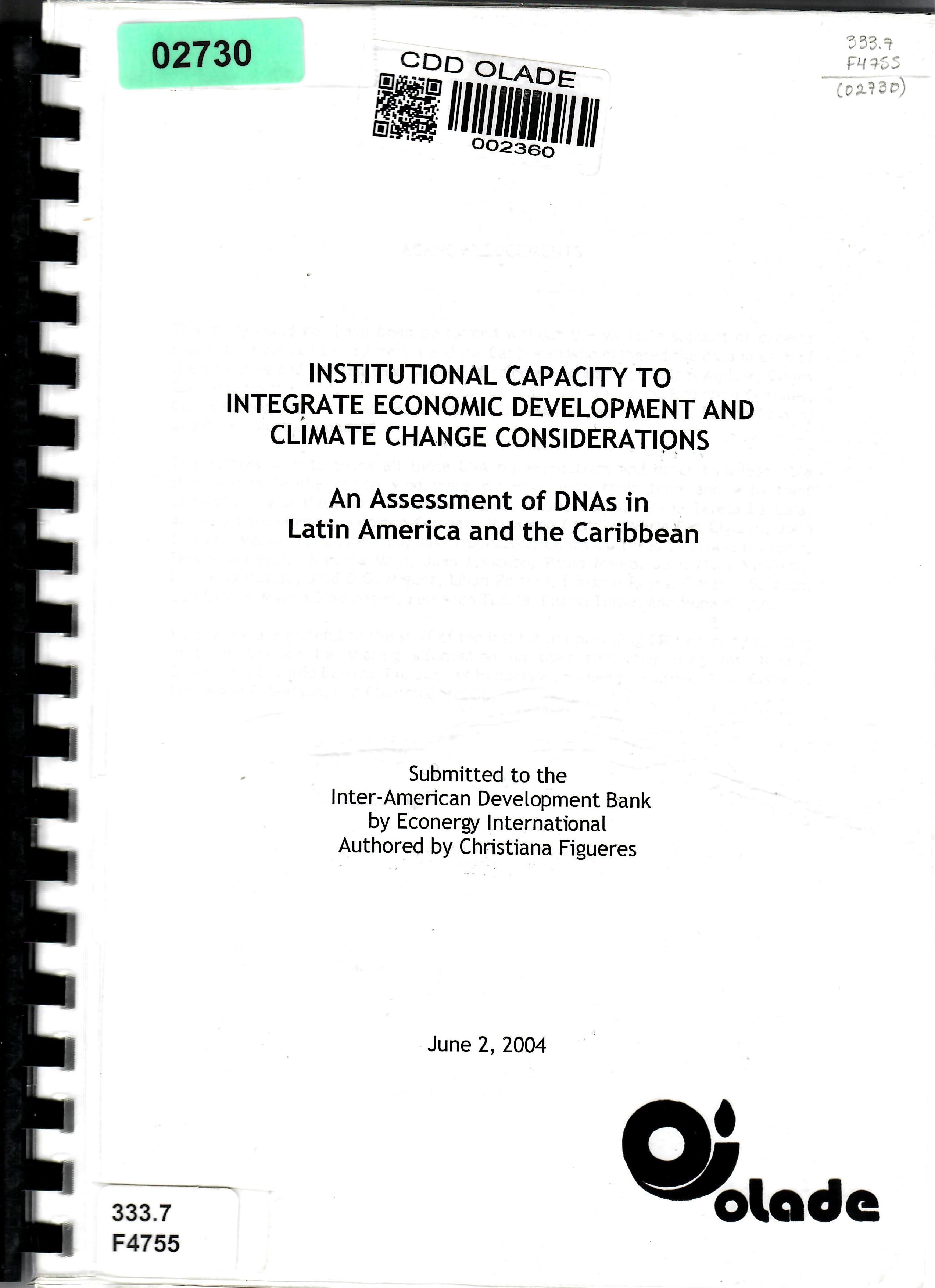 INSTITUTIONAL CAPACITY TO INTEGRATE ECONOMIC DEVELOPMENT AND CLIMATE CHANGE CONSIDERATIONS