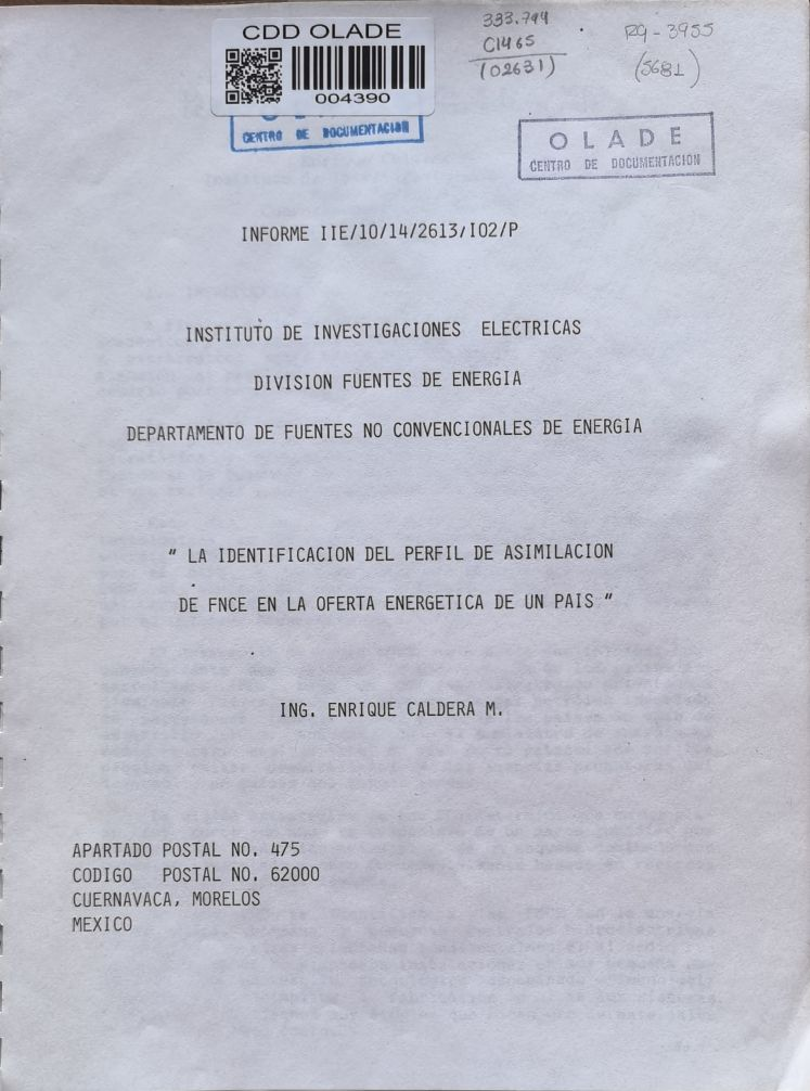 INSTITUTO DE INVESTIGACIONES ELECTRICAS  DIVISION FUENTES DE ENERGIA DEPARTAMENTO DE FUENTES NO CONVENCIONALES DE ENERGIA “LA IDENTIFICACION DEL PERFIL DE ASIMILACION DE FNCE EN LA OFERTA ENERGETICA DE UN PAIS”