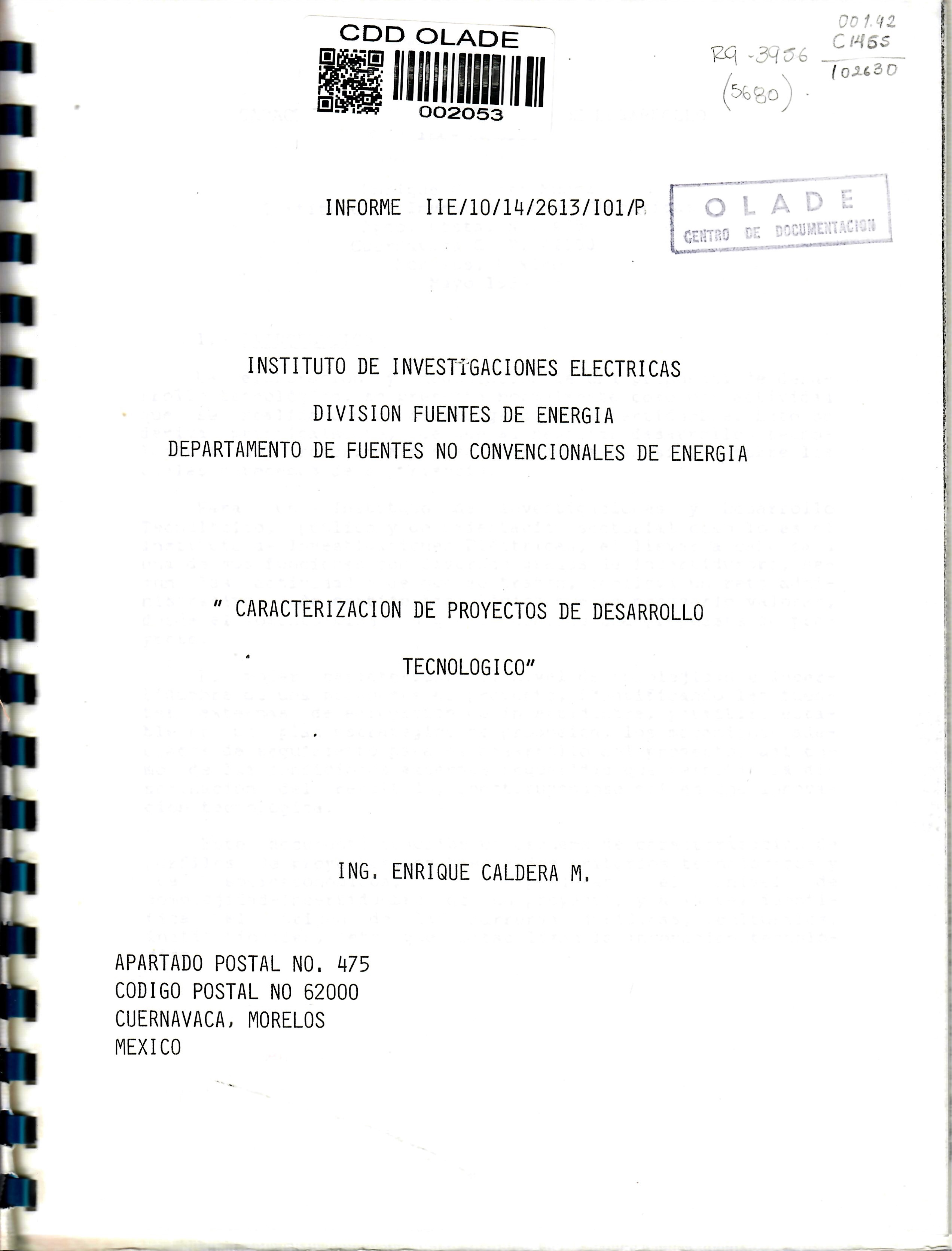 INSTITUTO DE INVESTIGACIONES ELECTRICAS DIVISION FUENTES DE ENERGIA DEPARTAMENTO DE FUENTES NO CONVENCIONALES DE ENERGIA