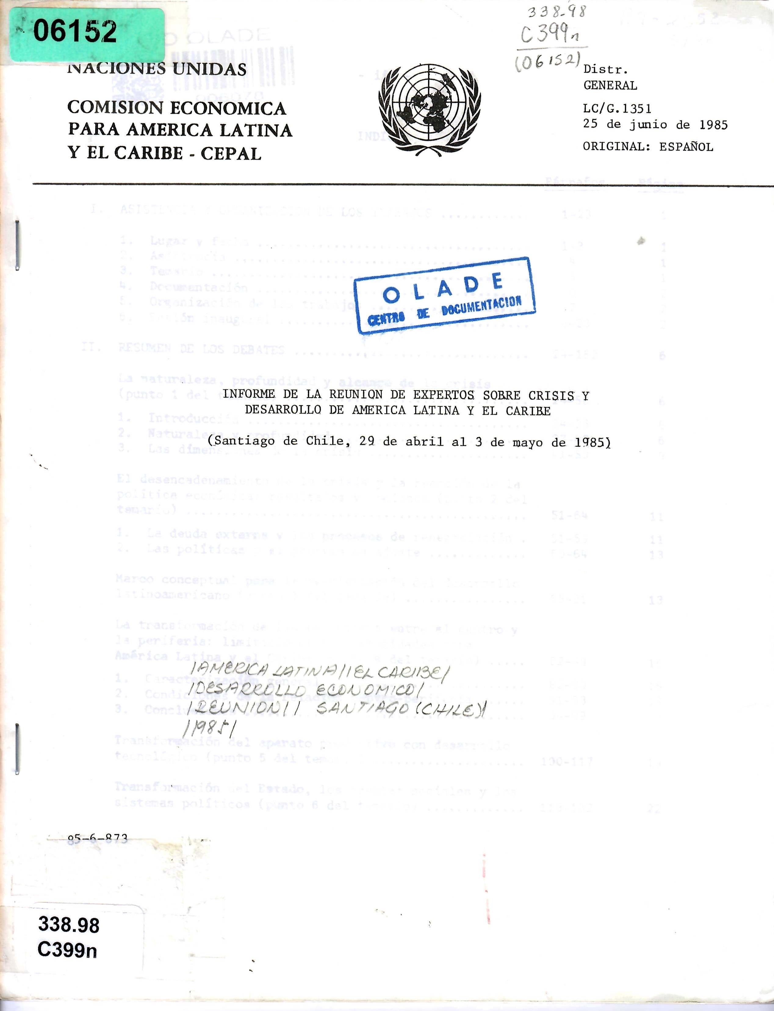 INFORME DE LA REUNION DE EXPERTOS SOBRE CRISIS Y DESARROLLO DE AMERICA LATINA Y EL CARIBE