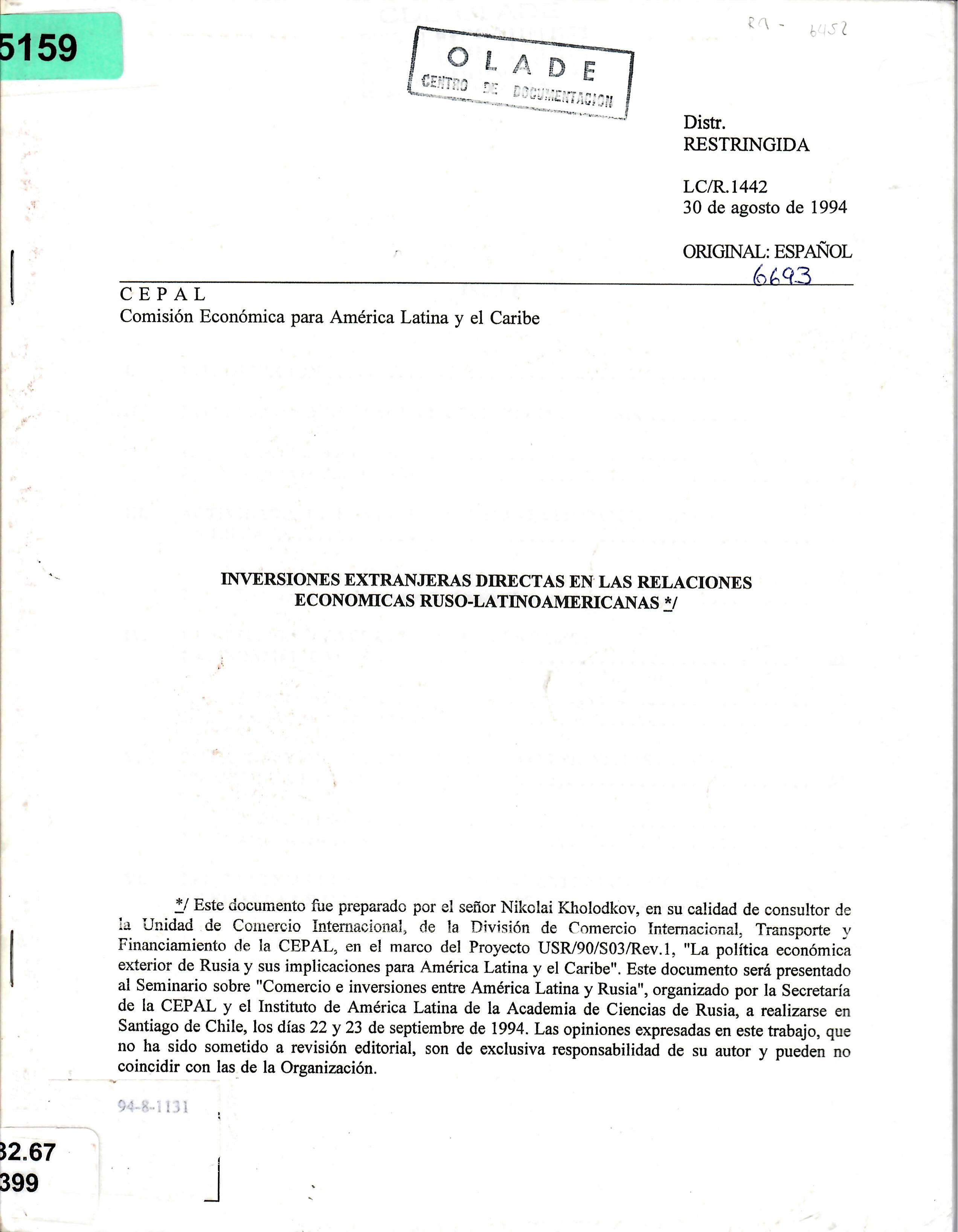 INVERSIONES EXTRANJERAS DIRECTAS EN LAS RELACIONES ECONOMICAS RUSO-LATINOAMERICANAS */