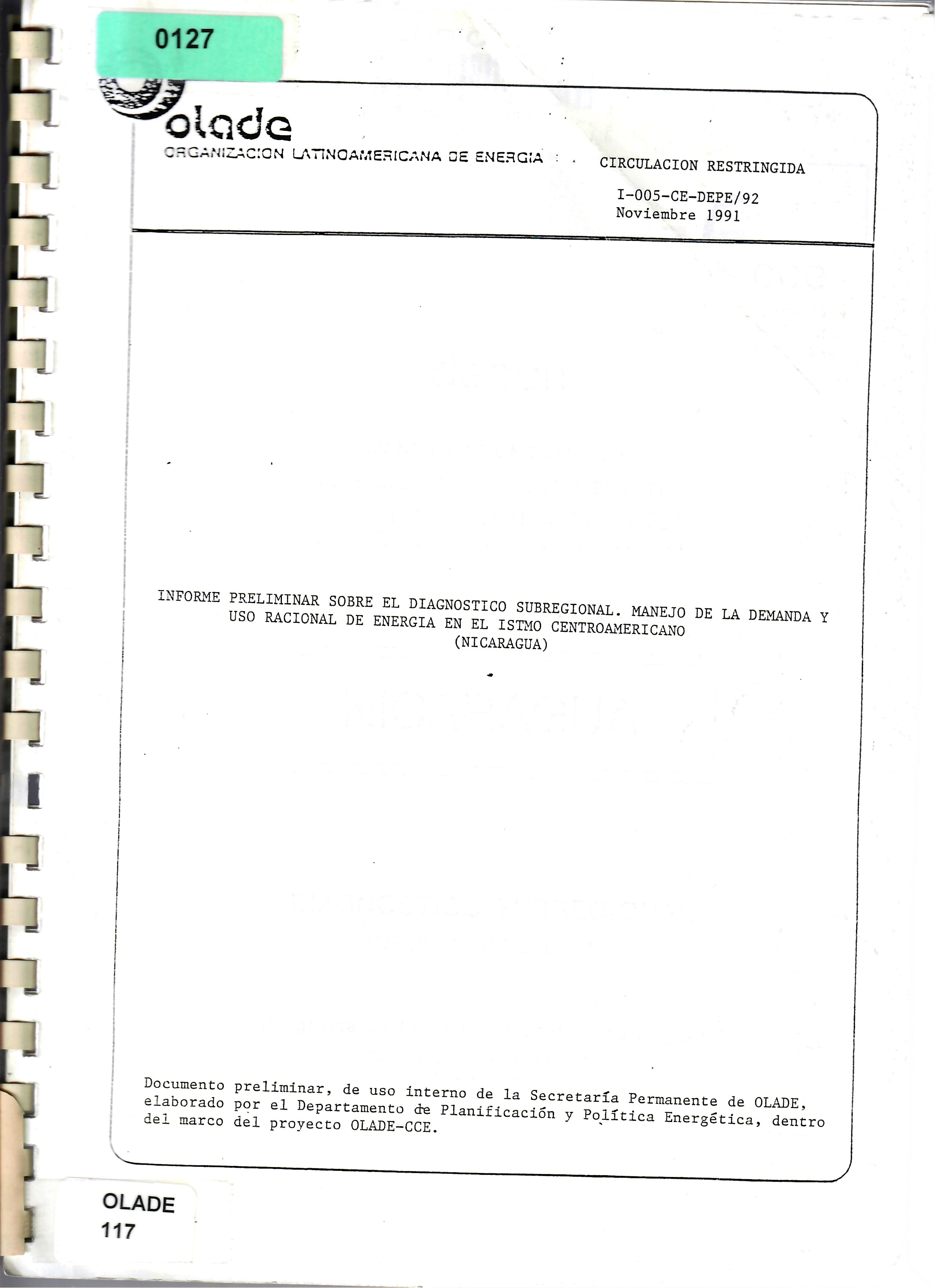 INFORME PRELIMINAR SOBRE EL DIAGNOSTICO SUBREGIONAL. MANEJO DE LA DEMANDA Y USO RACIONAL DE ENERGIA EN EL ISTMO CENTROAMERICANO (NICARAGUA)