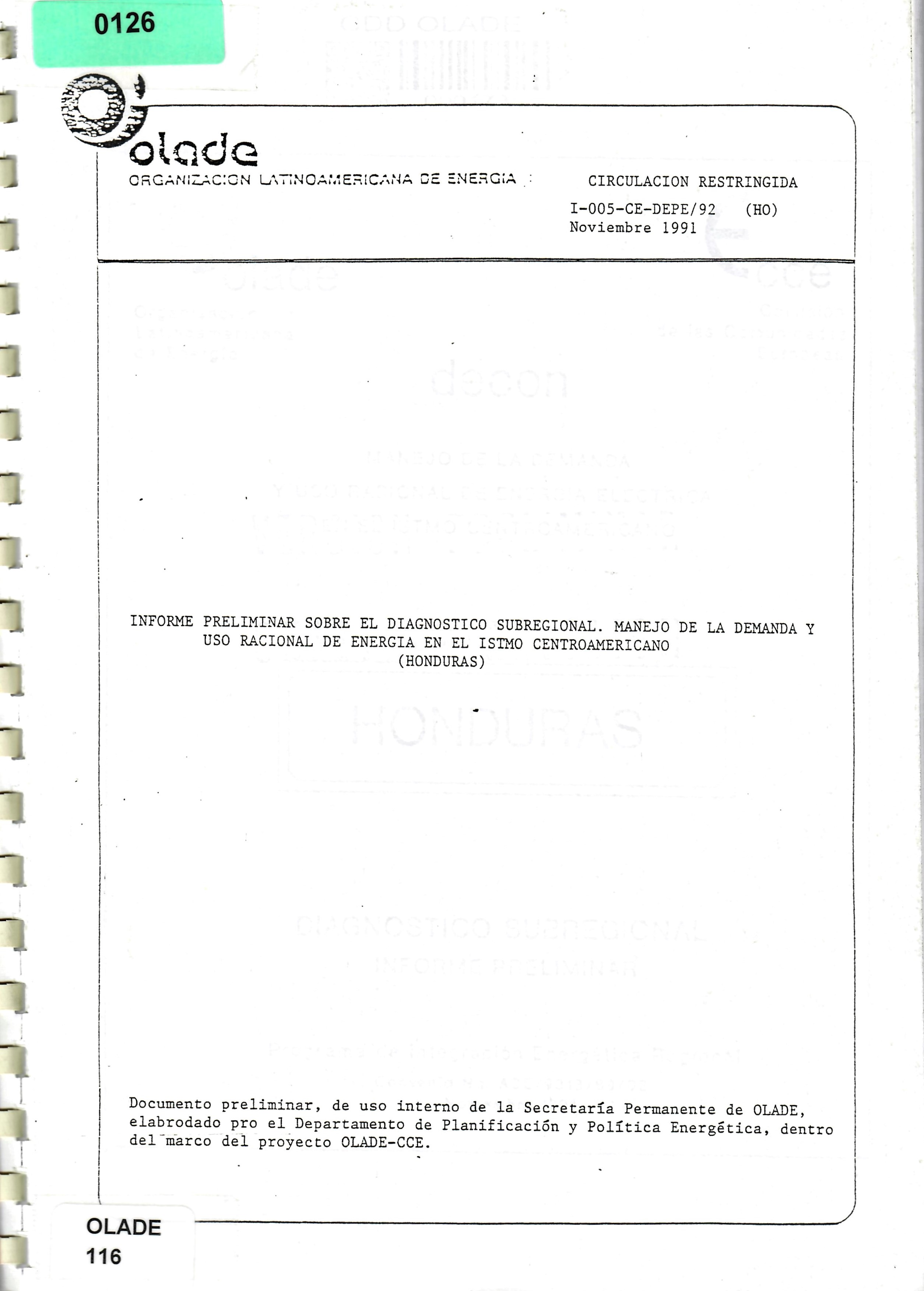 INFORME PRELIMINAR SOBRE EL DIAGNOSTICO SUBREGIONAL. MANEJO DE LA DEMANDA Y USO RACIONAL DE ENERGIA EN EL ISTMO CENTROAMERICANO  EL ISTMO CENTROAMERICANO