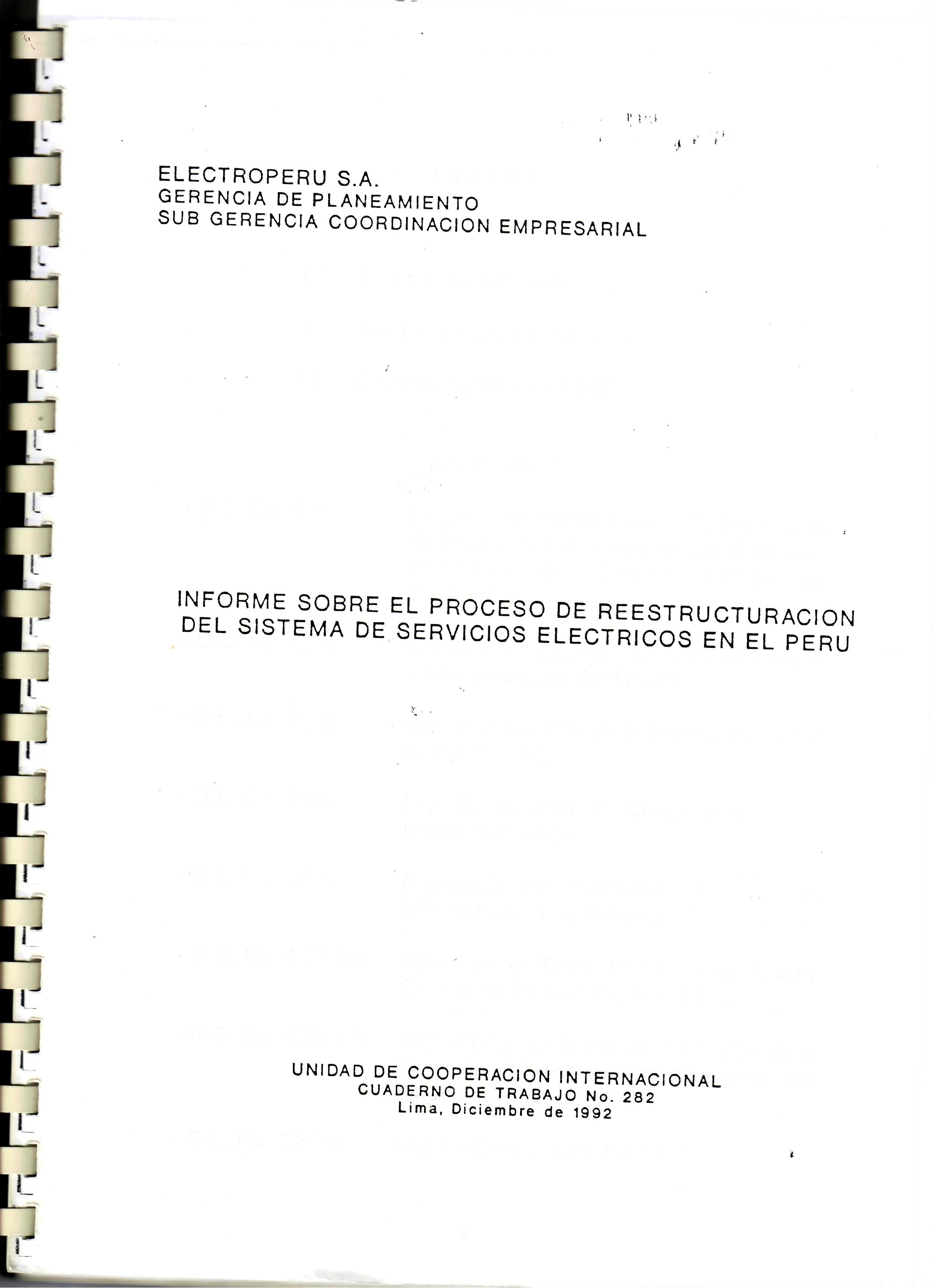 INFORME SOBRE EL PROCESO DE REESTRUCTURACION DEL SISTEMA DE SERVICIOS ELECTRICOS EN EL PERU
