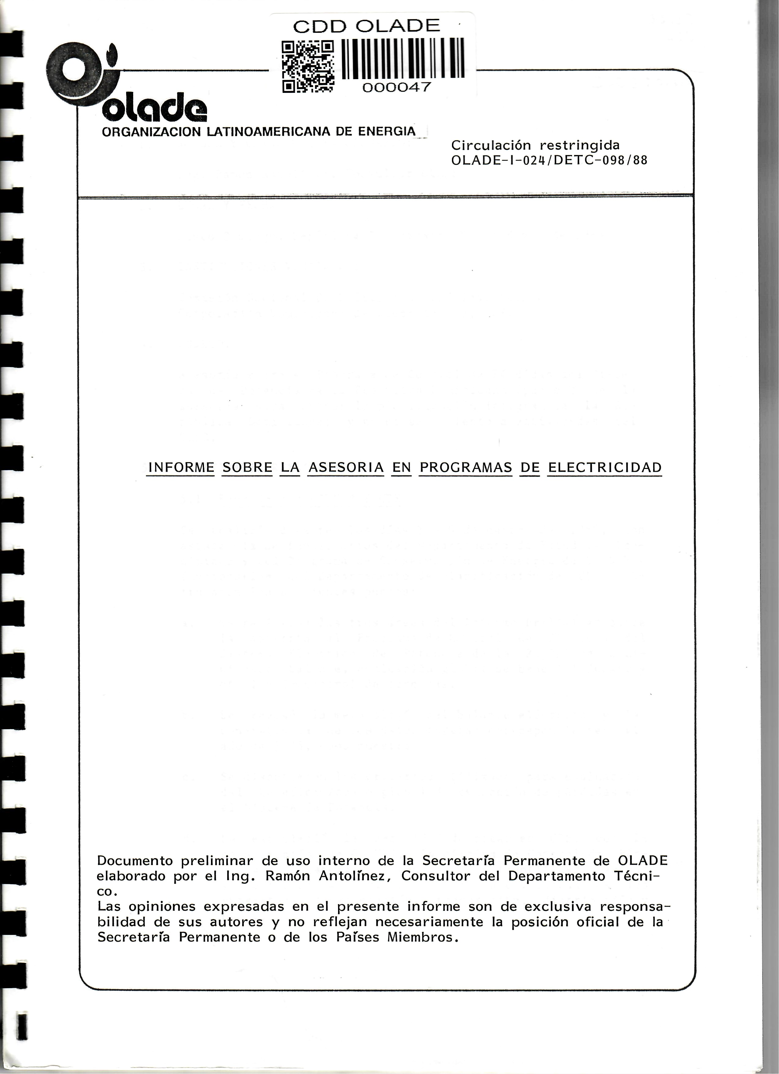INFORME SOBRE LA ASESORIA EN PROGRAMAS DE ELECTRICIDAD