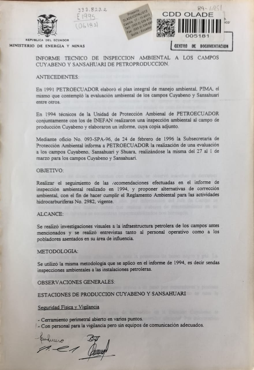 INFORME TECNICO DE INSPECCION AMBIENTAL A LOS CAMPOS CUYABENO Y SANSAHUARI DE PETROPRODUCCION