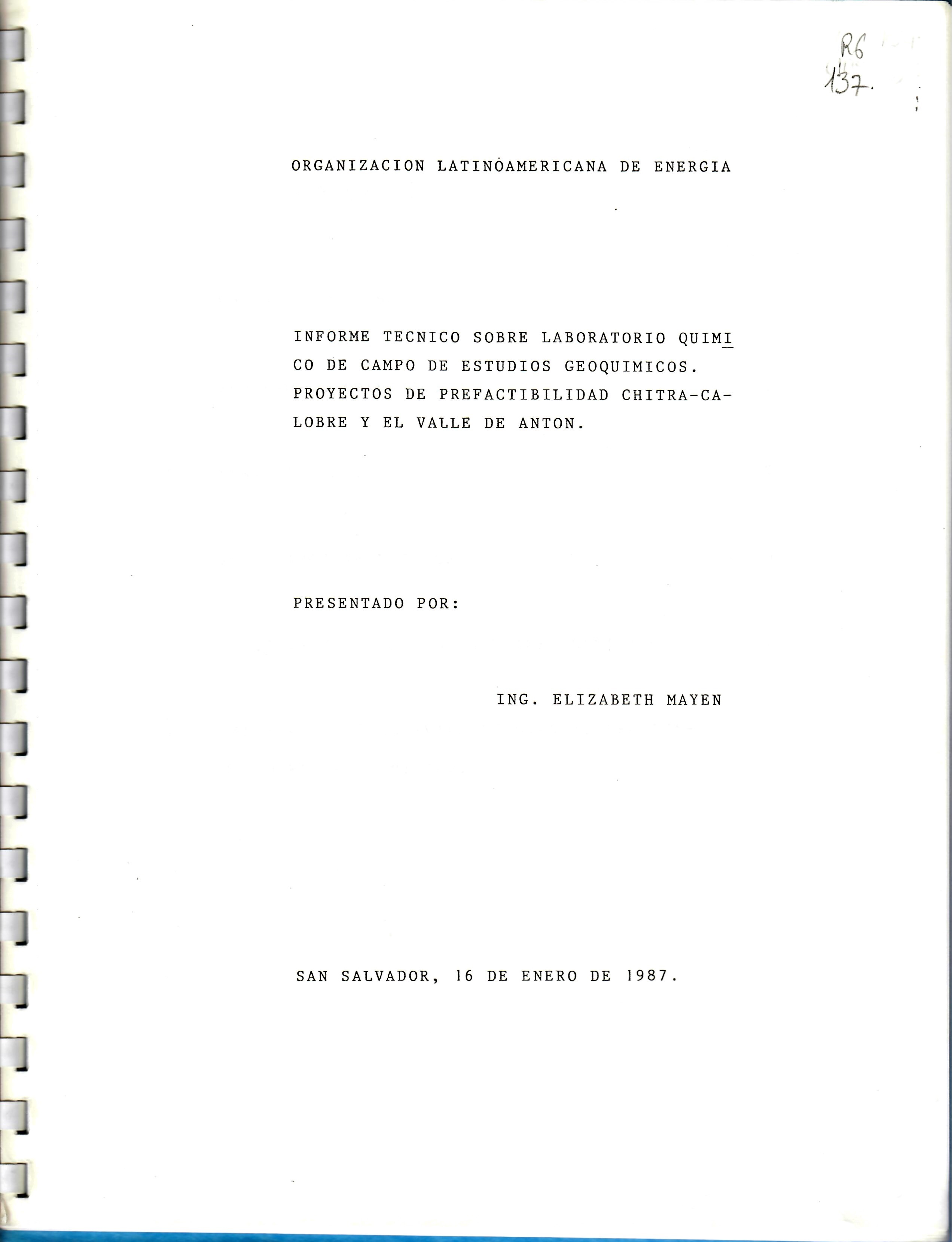 INFORME TECNICO SOBRE LABORATORIO QUIMICO DE CAMPO DE ESTUDIOS GEOQUIMICOS. PROYECTOS DE PREFACTIBILIDAD CHITRA-CA-LOBRE Y EL VALLE DE ANTON.