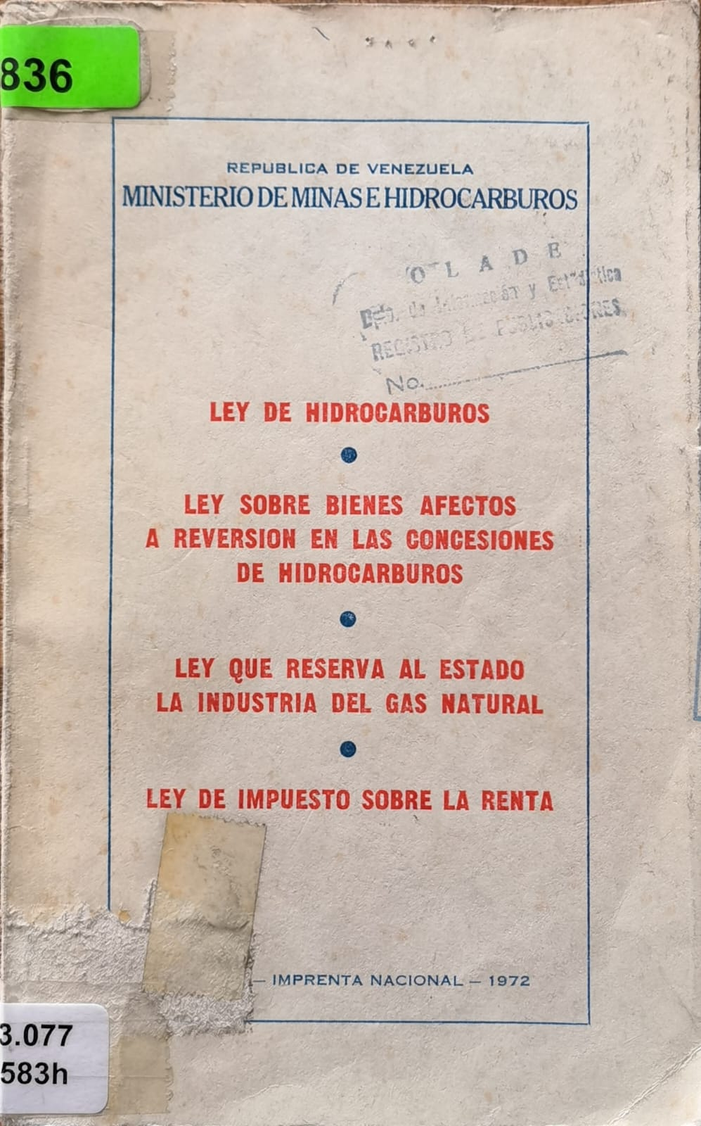LEY DE HIDROCARBUROS - LEY SOBRE BIENES AFECTOS A REVERSION EN LAS CONCESIONES DE HIDROCARBUROS - LEY QUE RESERVA AL ESTADO LA INDUSTRIA DEL GAS NATURAL - LEY DE IMPUESTO SOBRE LA RENTA