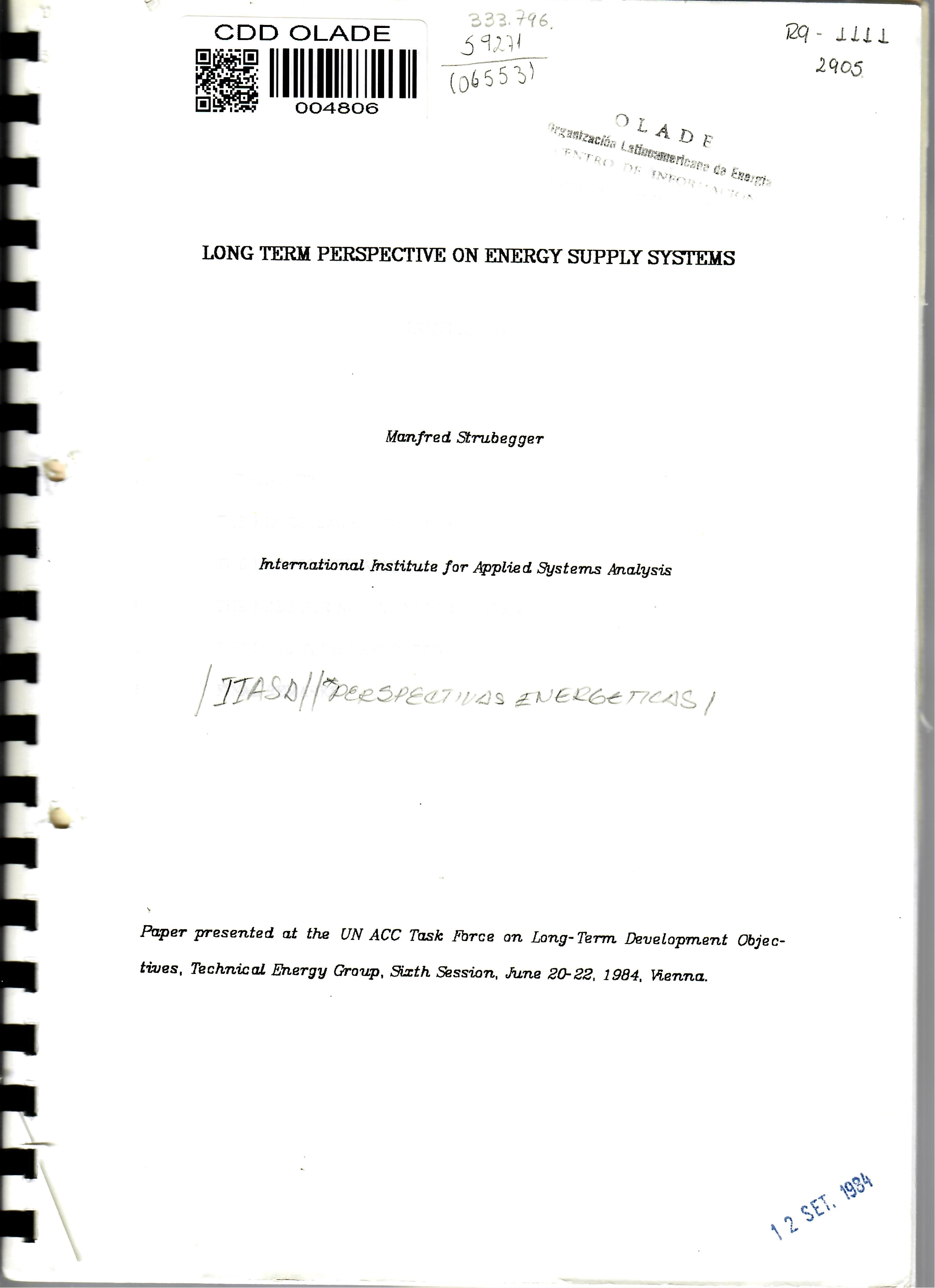 LONG TERM PERSPECTIVE ON ENERGY SUPPLY SYSTEMS  Iternational Institute for Applied Systems Analysis