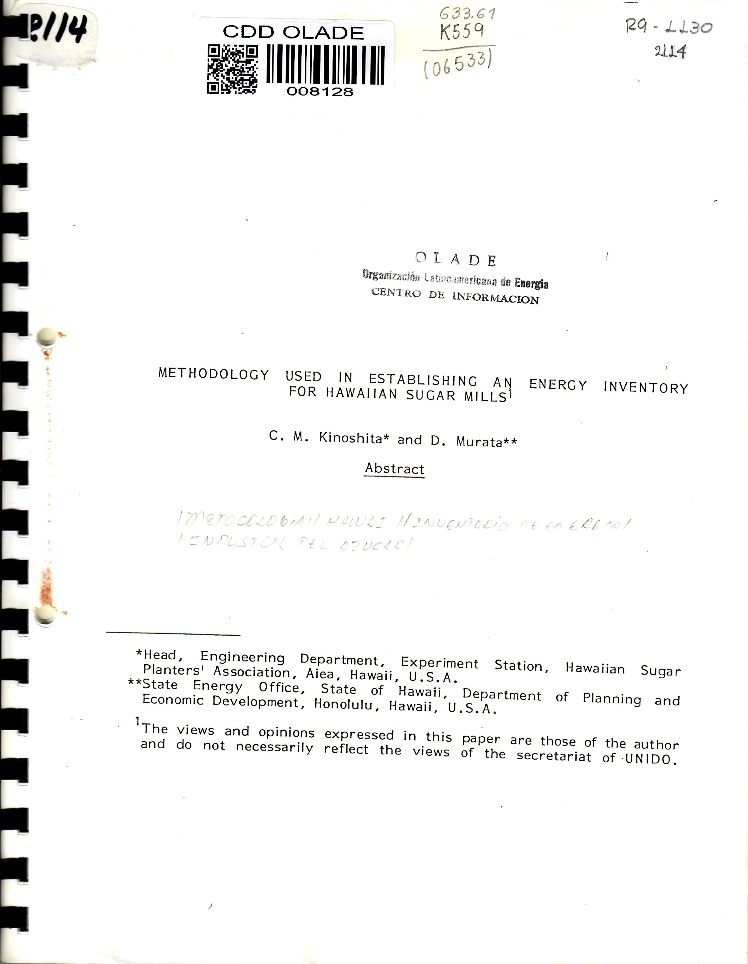 METHODOLOGY USED IN ESTABLISHING AN ENERGY INVENTORY FOR HAWAIIAN SUGAR MILLS1