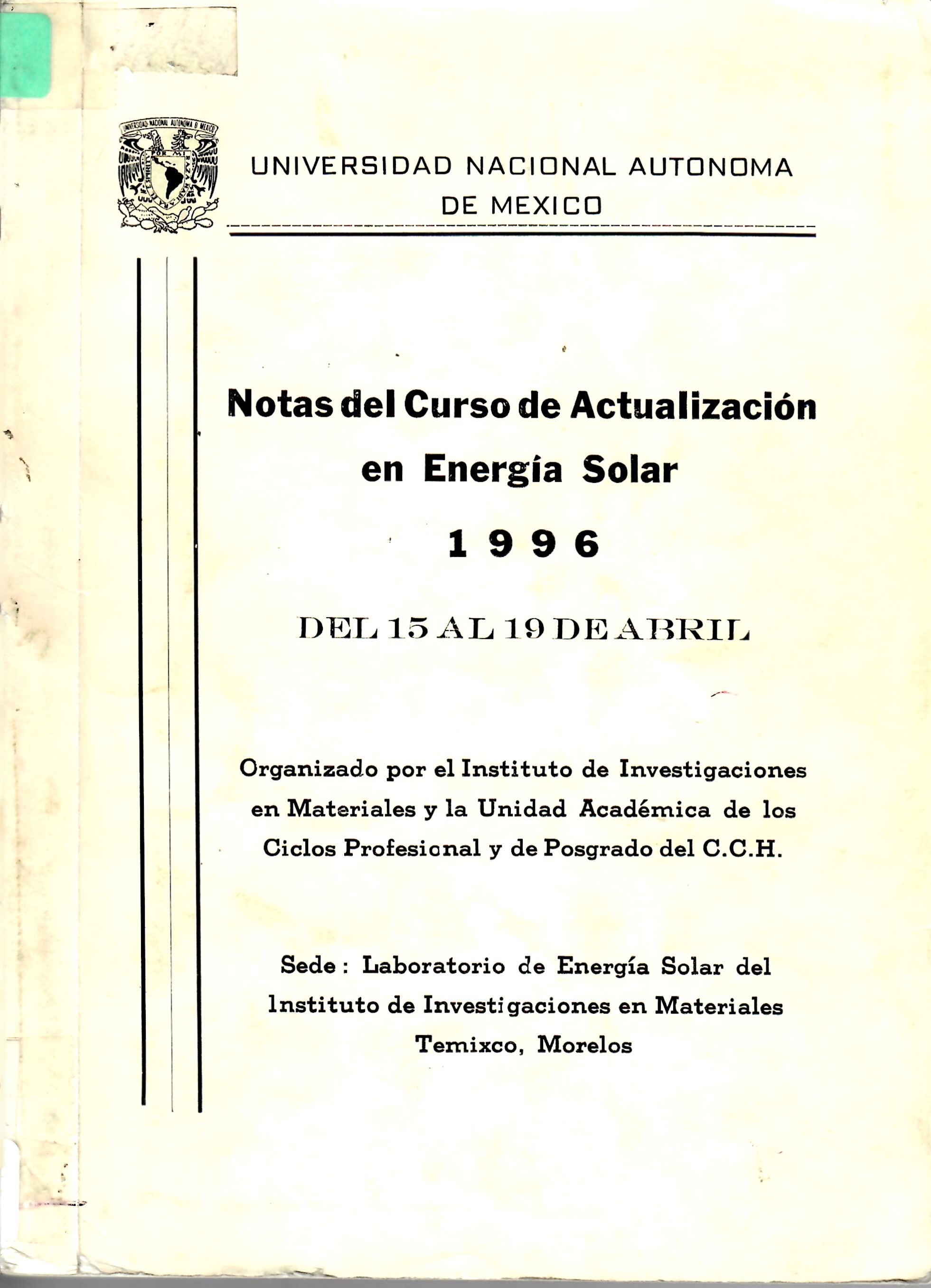 Notas del Curso de Actualización en Energía Solar 1996 DEL 15 AL 19 DE ABRIL