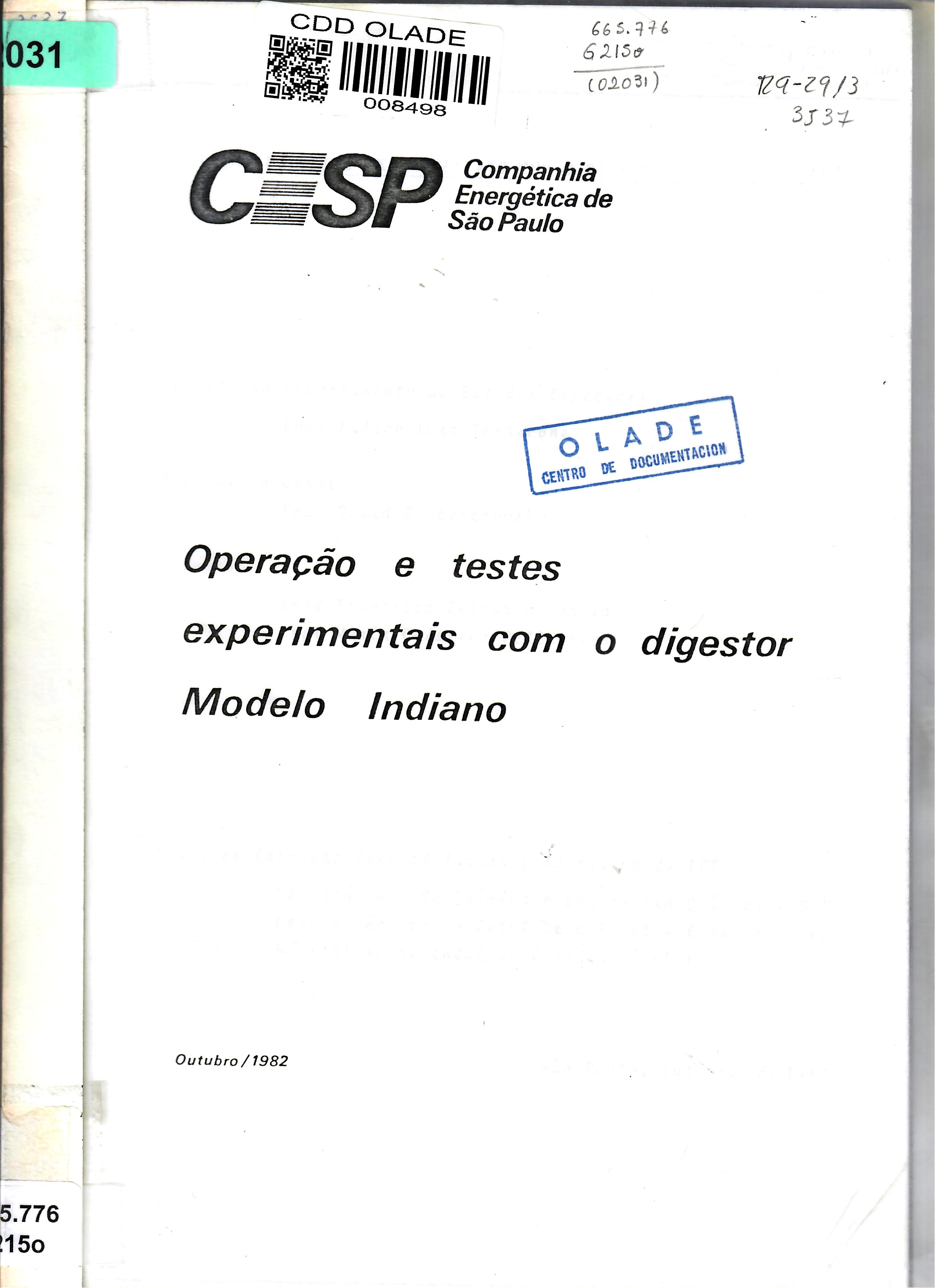Operação e testes experimentais com o digestor Modelo Indiano
