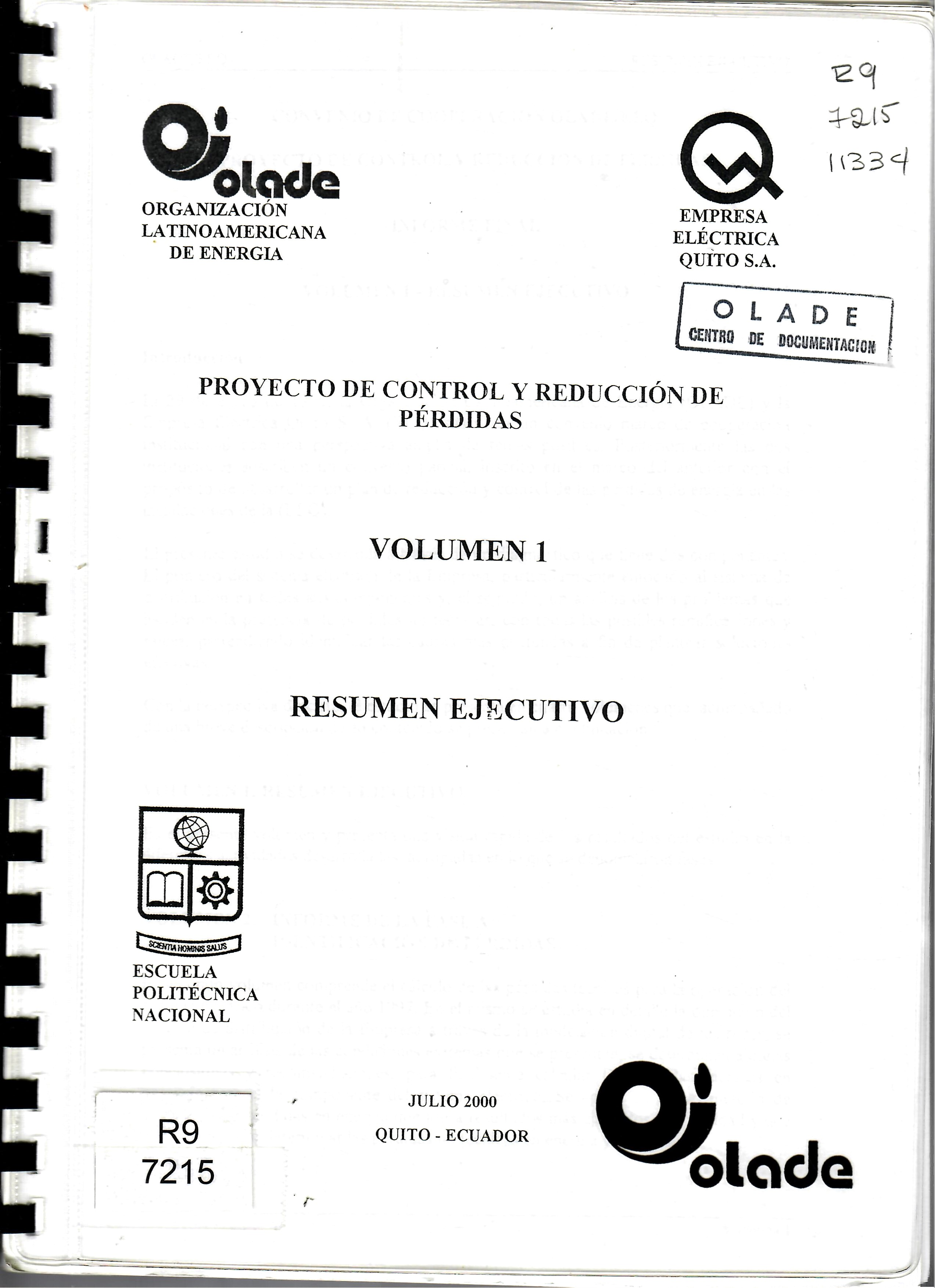 PROYECTO DE CONTROL Y REDUCCIÓN DE PÉRDIDAS VOLUMEN 1 RESUMEN EJECUTIVO