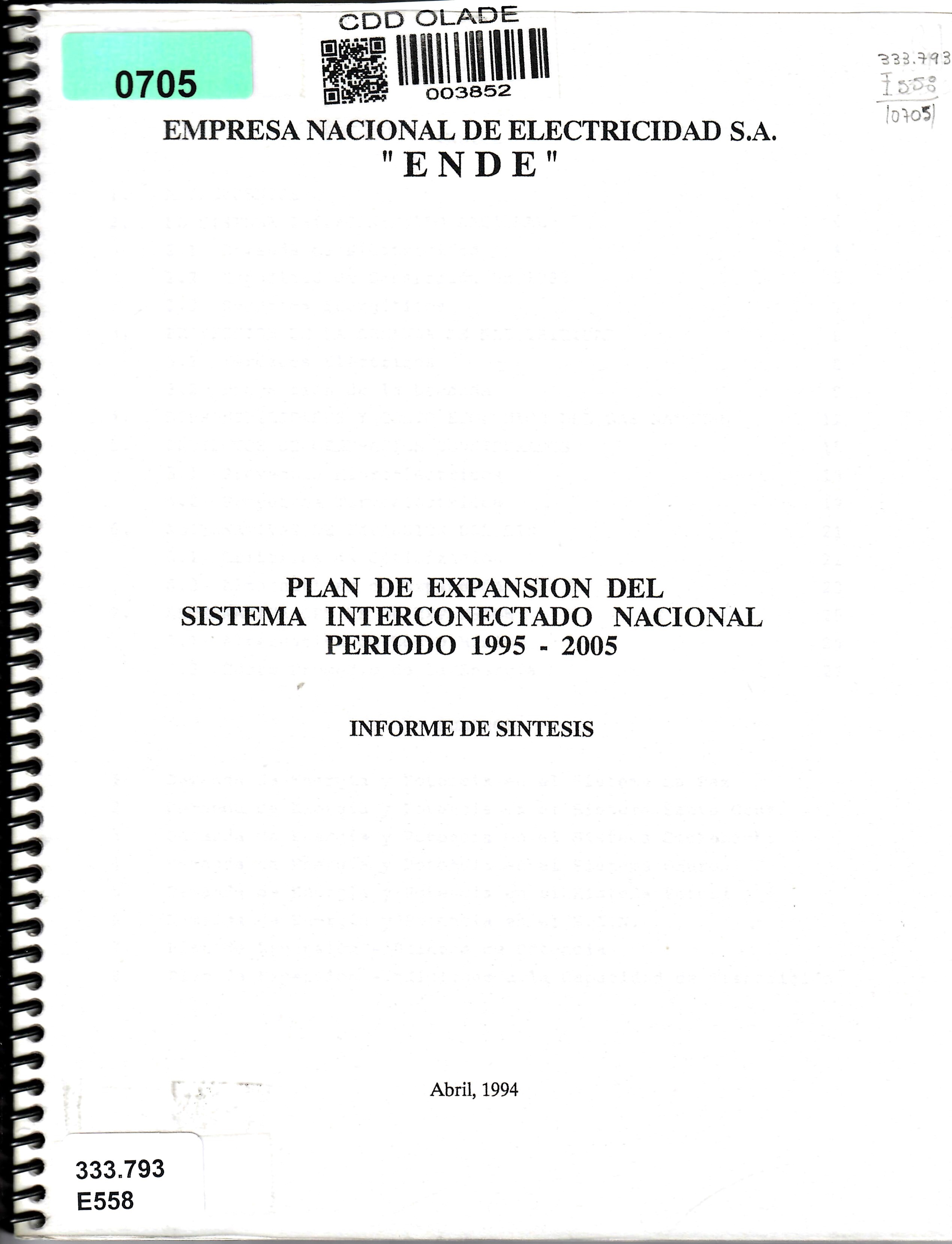 PLAN DE EXPANSION DEL SISTEMA INTERCONECTADO NACIONAL PERIODO 1995 - 2005