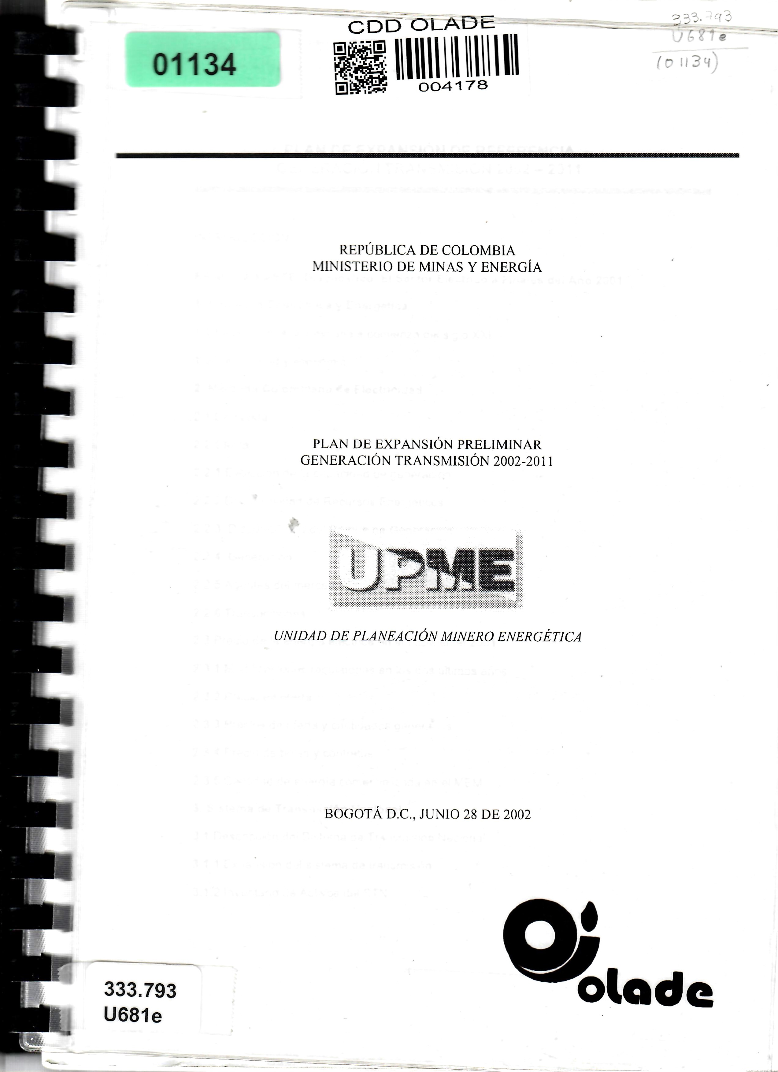 PLAN DE EXPANSIÓN PRELIMINAR GENERACIÓN TRANSMISIÓN 2002-2011