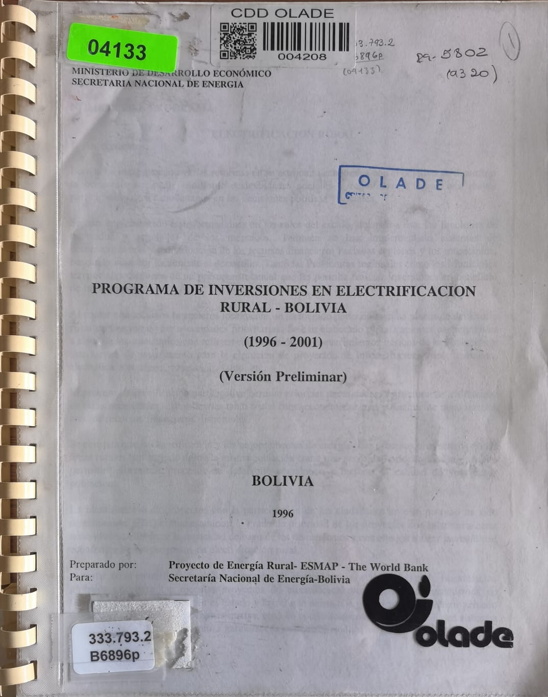 PROGRAMA DE INVERSIONES EN ELECTRIFICACION RURAL - BOLIVIA (1996 - 2001)