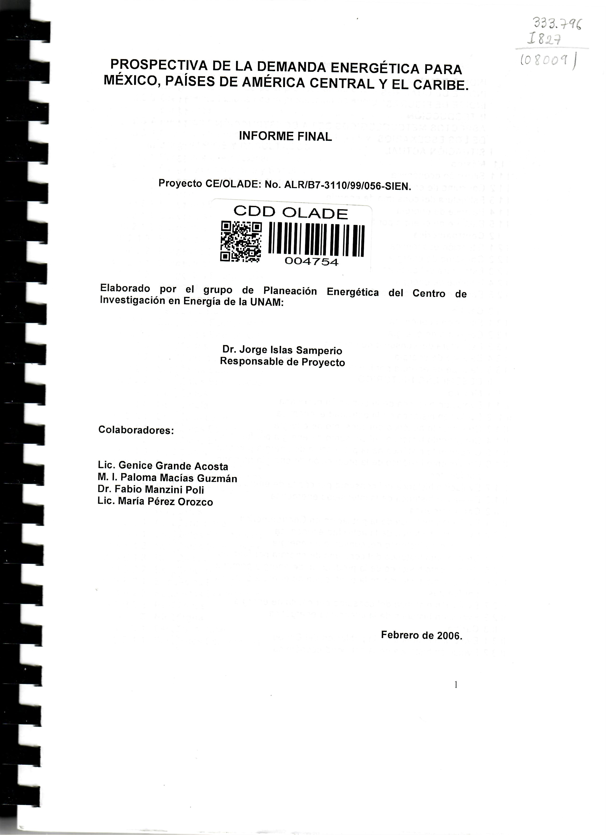 PROSPECTIVA DE LA DEMANDA ENERGÉTICA PARA MÉXICO, PAÍSES DE AMÉRICA CENTRAL Y EL CARIBE. INFORME FINAL