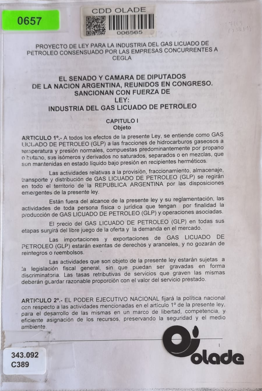 PROYECTO DE LEY PARA LA INDUSTRIA DEL GAS LICUADO DE PETROLEO CONSENSUADO POR LAS EMPRESAS CONCURRENTES A CEGLA