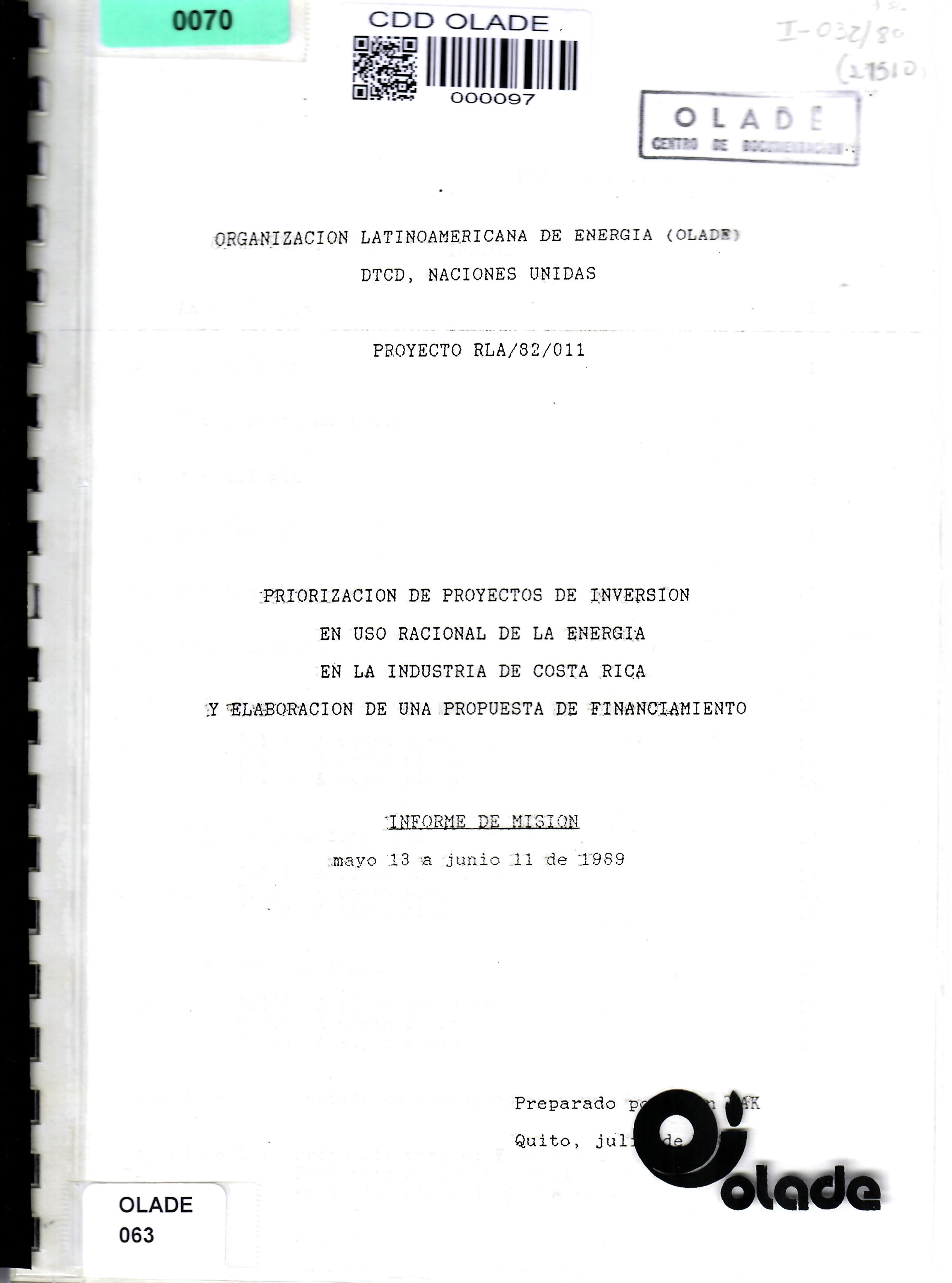 PRIORIZACION DE PROYECTOS DE INVERSION EN USO RACIONAL DE LA ENERGIA EN LA INDUSTRIA DE COSTA RICA Y ELABORACION DE UNA PROPUESTA DE FINANCIAMIENTO INFORME DE MISTON