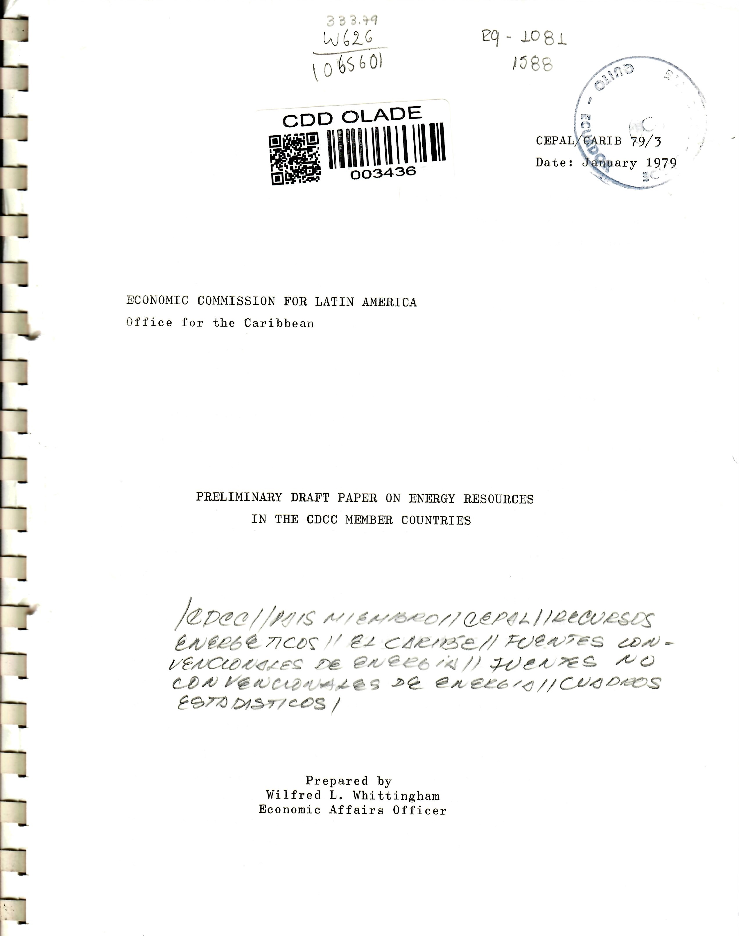 PRELIMINARY DRAFT PAPER ON ENERGY RESOURCES IN THE CDCC MEMBER COUNTRIES