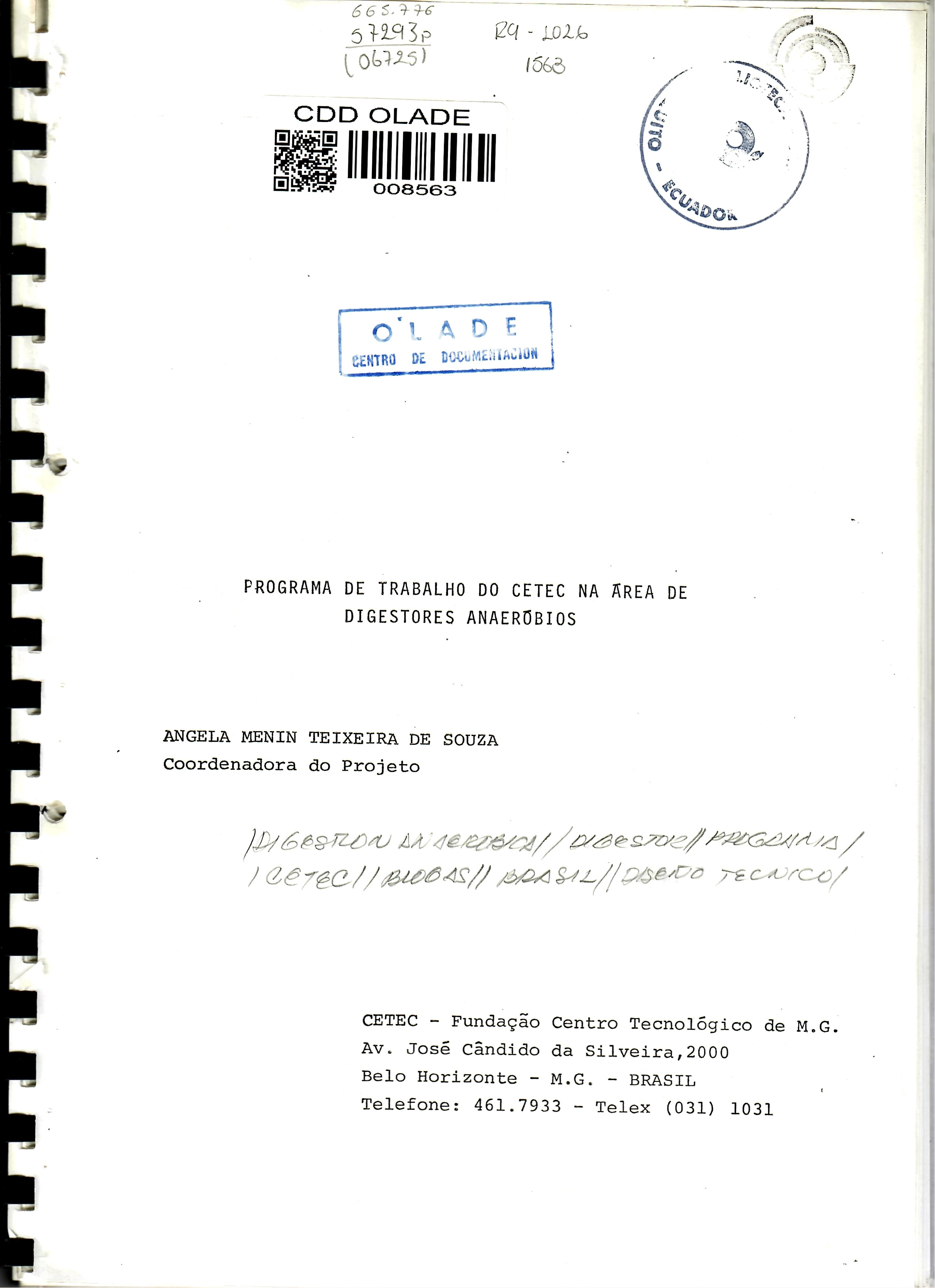 PROGRAMA DE TRABALHO DO CETEC NA AREA DE DIGESTORES ANAEROBIOS
