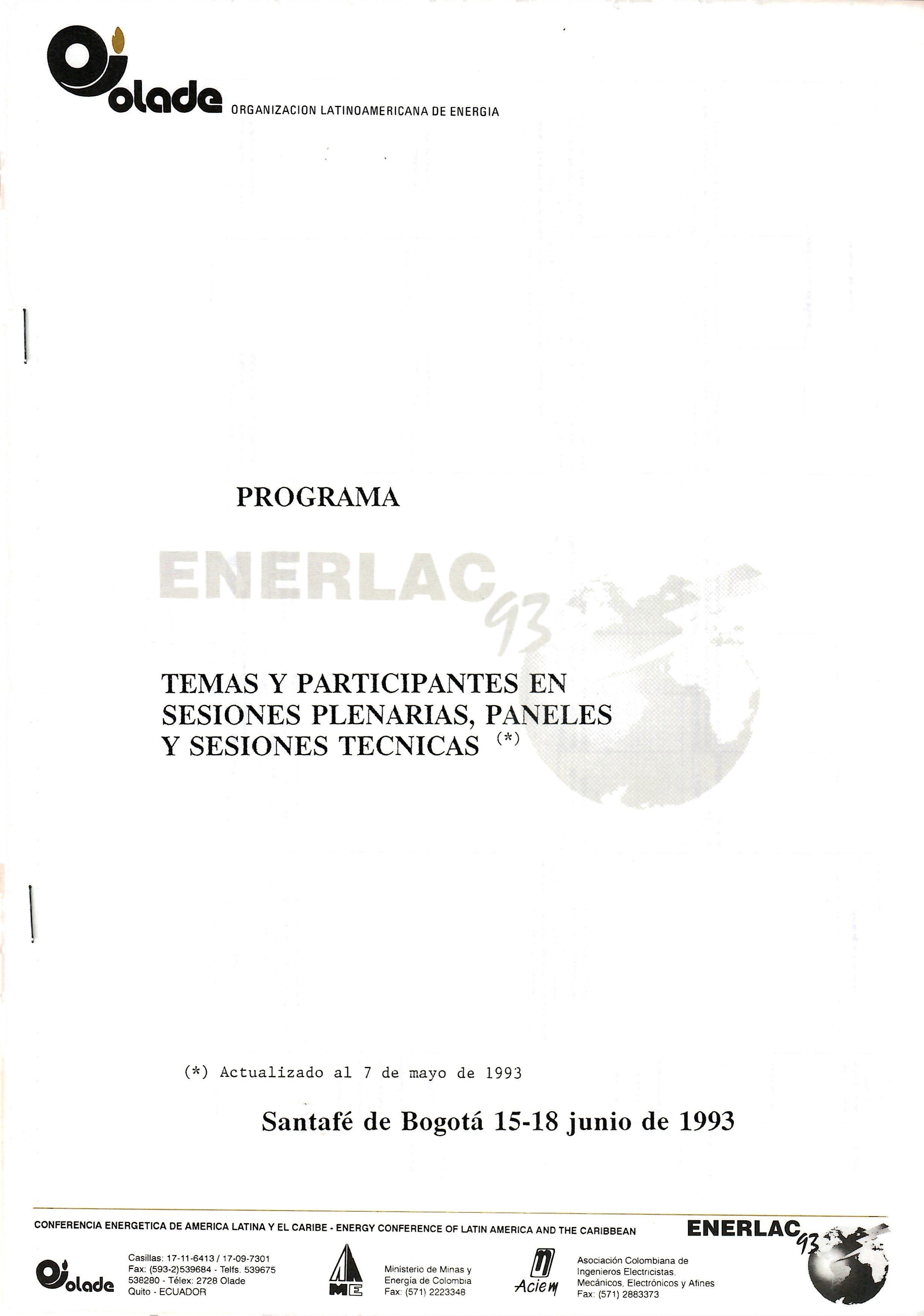 PROGRAMA ENERLAC 93 TEMAS Y PARTICIPANTES EN SESIONES PLENARIAS, PANELES Y SESIONES TECNICAS