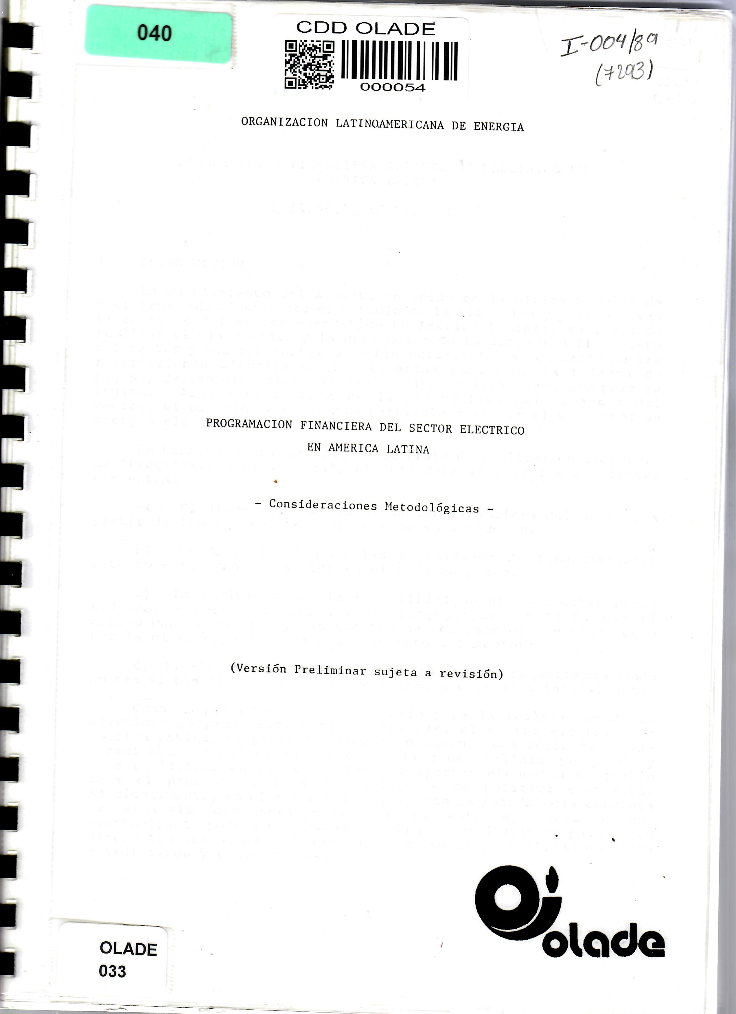 PROGRAMACION FINANCIERA DEL SECTOR ELECTRICO EN AMERICA LATINA -Consideraciones Metodológicas- (Versión Preliminar sujeta a revisión)